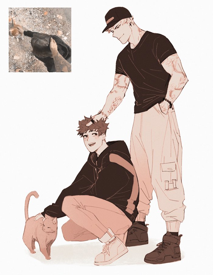 5mll3, bakugou katsuki, midoriya izuku, boku no hero academia, 2boys, animal, baseball cap, black hoodie, black shirt, black shoes, bracelet, brown cat, cat, crew neck, hand in pocket, hand on another's head, hat, hood, hood down, hoodie, jewelry, kneeling, looking at another, looking back, looking down, looking to the side, male focus, multiple boys, multiple scars, open mouth, pants, petting, reference inset, scar, scar on arm, shirt, shoes, short hair, short sleeves, smile, sneakers, standing, teeth, upper teeth only, white background, white pants