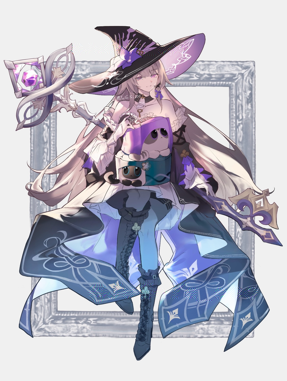 stella (105 yoru), herta (honkai: star rail), the herta (honkai: star rail), honkai: star rail, honkai (series), commentary request, highres, 1girl, ascot, bare shoulders, black dress, black hat, brown hair, collarbone, detached sleeves, dress, flower, hat, hat flower, jewelry, key, key necklace, long hair, necklace, purple eyes, purple flower, smile, solo, strapless, very long hair, white ascot, witch hat