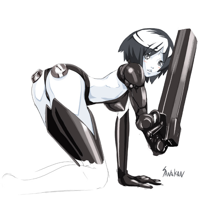 sanakan, blame!, 1girl, android, arm cannon, arm support, ass, bent over, black hair, blush, cyborg, female focus, grey eyes, gun, kneeling, looking back, pale skin, short hair, solo, weapon