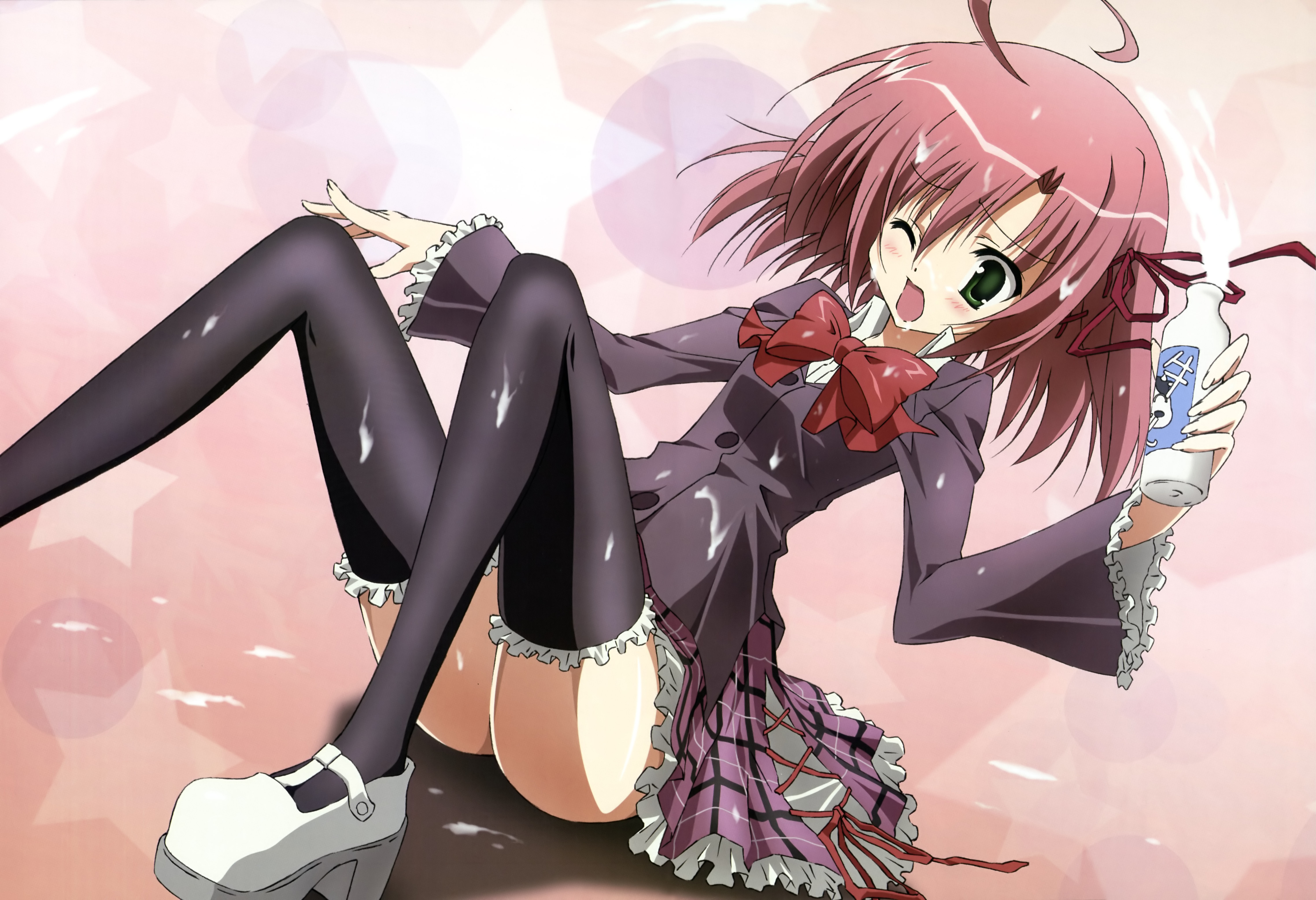 kitahara koudai, sakurano kurimu, nyantype, seitokai no ichizon, messy, absurdres, highres, official art, scan, 00s, 1girl, ;o, ahoge, ass, black thighhighs, blazer, blush, bottle, bow, bowtie, breasts, buttons, cream, cross-laced clothes, drink, dutch angle, female focus, fingernails, frilled skirt, frilled thighhighs, frills, green eyes, hair between eyes, high collar, high heels, holding, jacket, long fingernails, long legs, long sleeves, mary janes, milk, milk bottle, miniskirt, narrow waist, no panties, one eye closed, open mouth, parted bangs, pink background, pink hair, plaid clothes, plaid skirt, platform shoes, pleated skirt, red hair, ribbon, sakurano kirimu, school uniform, shadow, shoes, short hair, sitting, skirt, small breasts, solo, spill, star (symbol), star symbol background, suggestive fluid, thighhighs, upskirt, water, wet, wet clothes, wide sleeves, wince, wink