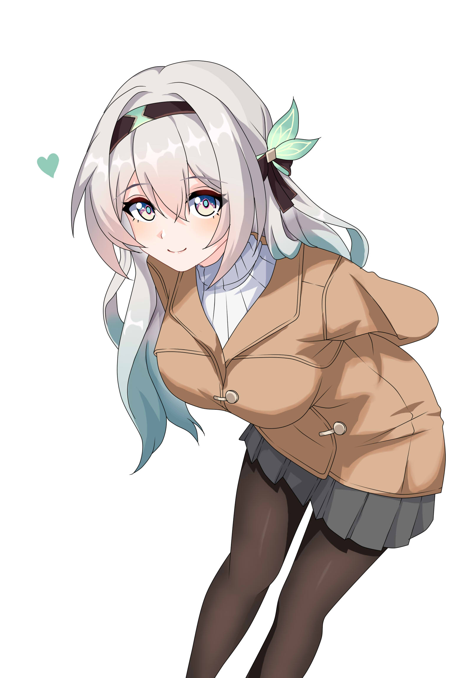 maxwelzy, firefly (honkai: star rail), honkai: star rail, honkai (series), commentary request, highres, 1girl, arms behind back, black hairband, black pantyhose, blush, brown jacket, closed mouth, gradient hair, green hair, grey hair, grey skirt, hair between eyes, hair ornament, hairband, jacket, leaning forward, long hair, looking at viewer, multicolored hair, multiple girls, pantyhose, pink eyes, simple background, skirt, smile, sweater, white background, white sweater