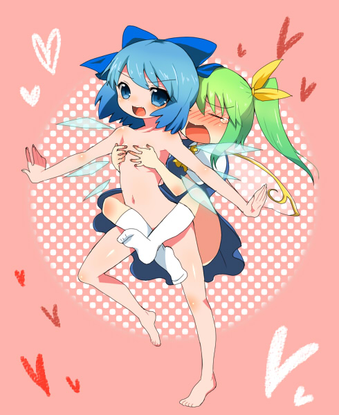 sasoribi-dekine, cirno, daiyousei, embodiment of scarlet devil, touhou, 2girls, barefoot, blue dress, blue eyes, blue hair, blush, bow, carrying, censored, closed eyes, convenient censoring, dress, feet, green hair, hair bow, hands on another's chest, heart, heart background, loli, multiple girls, nude, open mouth, piggyback, pink background, polka dot, polka dot background, socks, wings