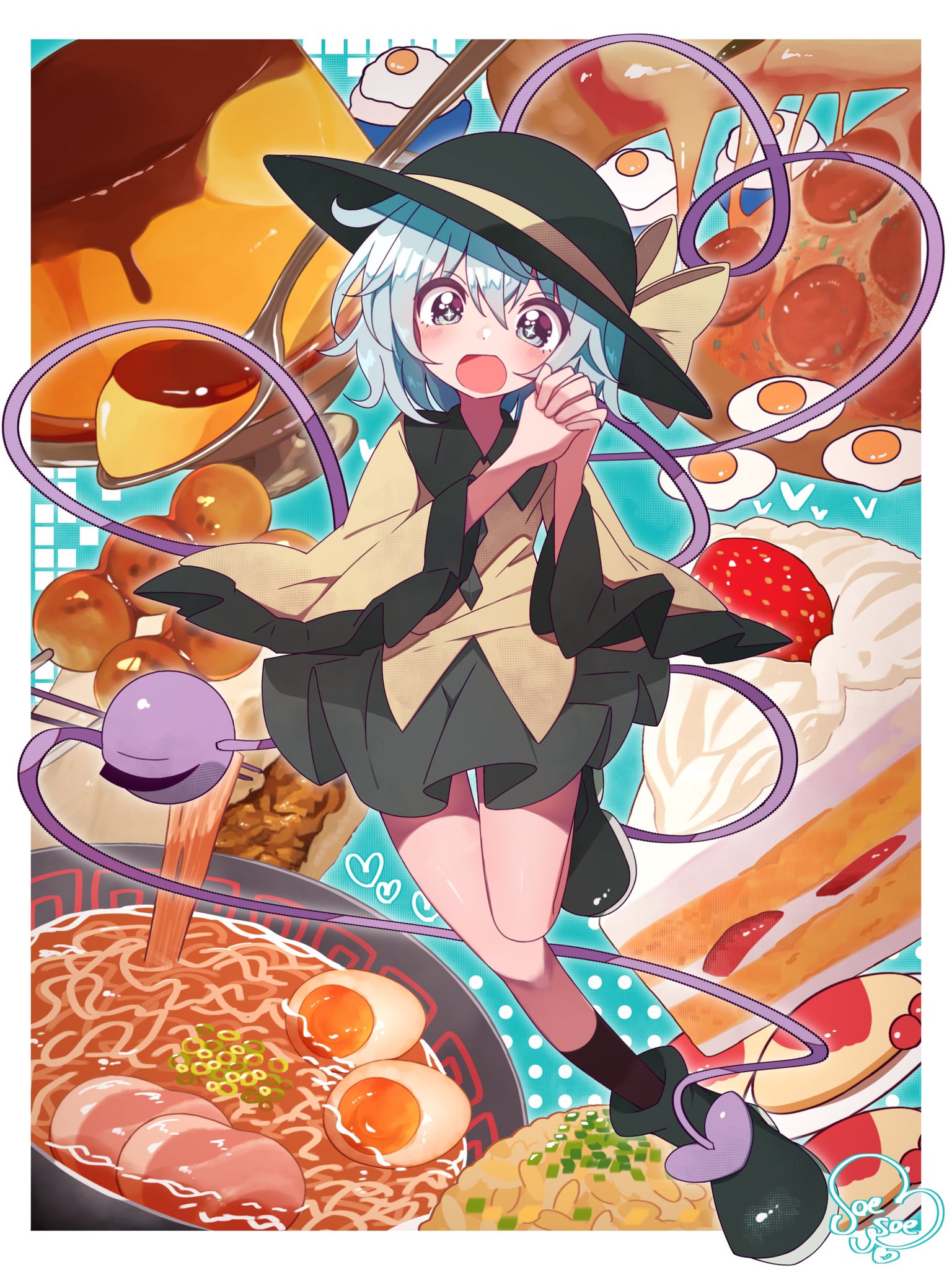 soesoe300, komeiji koishi, touhou, commentary request, highres, 1girl, :d, black skirt, blush, boots, cake, cake slice, food, food-themed background, fried egg, full body, green eyes, green hair, hair between eyes, hat, interlocked fingers, leg up, legs, medium hair, noodles, omelet, omurice, open mouth, own hands together, pizza, pudding, ramen, shirt, skirt, smile, solo, spoon, star-shaped pupils, star (symbol), symbol-shaped pupils, thighs, third eye, yellow shirt