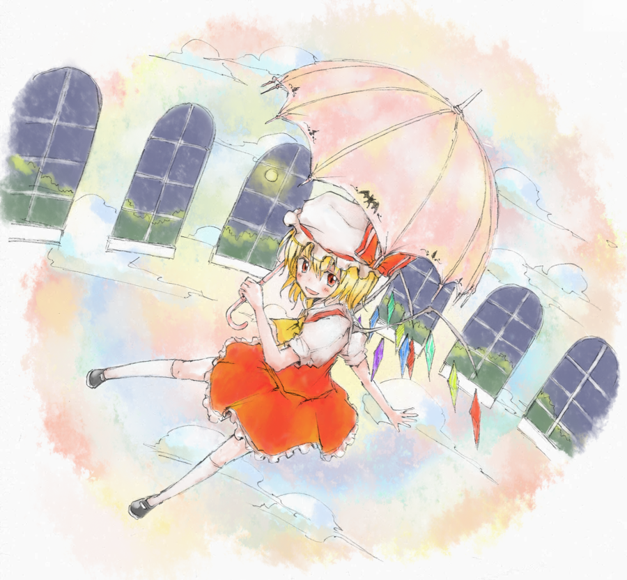 any (artist), any (lucky denver mint), flandre scarlet, touhou, bad id, bad pixiv id, 1girl, blonde hair, blush, cloud, female focus, floating, full moon, hat, kneehighs, moon, open mouth, outstretched arm, parasol, red eyes, short hair, smile, socks, solo, surreal, umbrella, white socks, window, wings