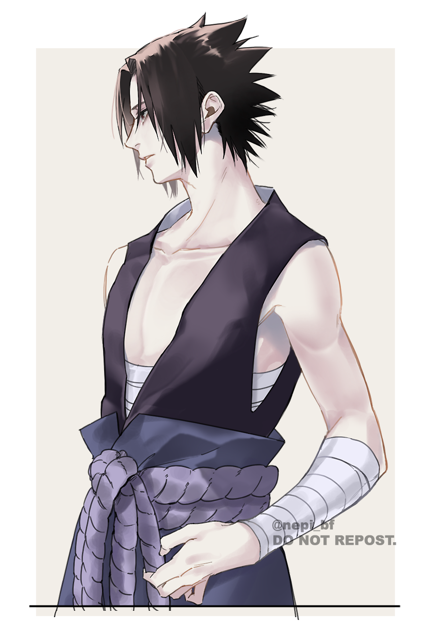 ykmr (haga), uchiha sasuke, naruto (series), naruto shippuuden, commentary request, highres, 1boy, bandaged arm, bandaged torso, bandages, bare shoulders, black eyes, black hair, black vest, blue pants, border, collarbone, grey background, japanese clothes, looking to the side, male focus, ninja, pants, parted lips, pectoral cleavage, pectorals, profile, rope, sarashi, short hair, simple background, sleeveless, solo, spiked hair, twitter username, upper body, vest, watermark, white background