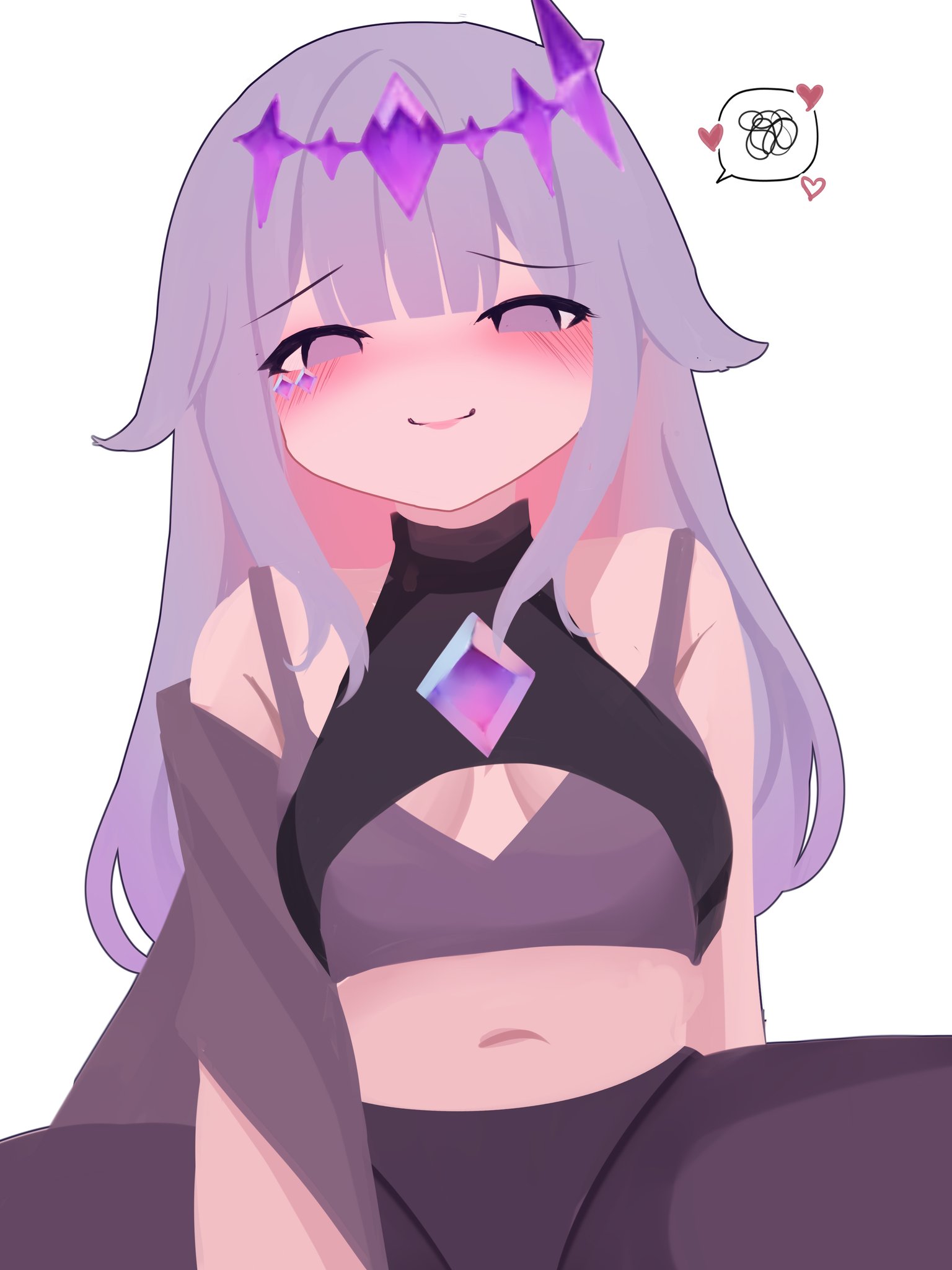 viqur, koseki bijou, hololive, hololive english, commentary, english commentary, highres, 1girl, alternate costume, blush, breasts, center-flap bangs, chest jewel, cleavage, colored inner hair, crop top, double-parted bangs, gem, gradient hair, grey hair, hair flaps, headpiece, heart, jewel under eye, leggings, long hair, long sidelocks, looking at viewer, multicolored hair, navel, pink hair, purple eyes, purple gemstone, sidelocks, simple background, smile, solo, speech bubble, spoken squiggle, squiggle, very long hair, virtual youtuber, white background