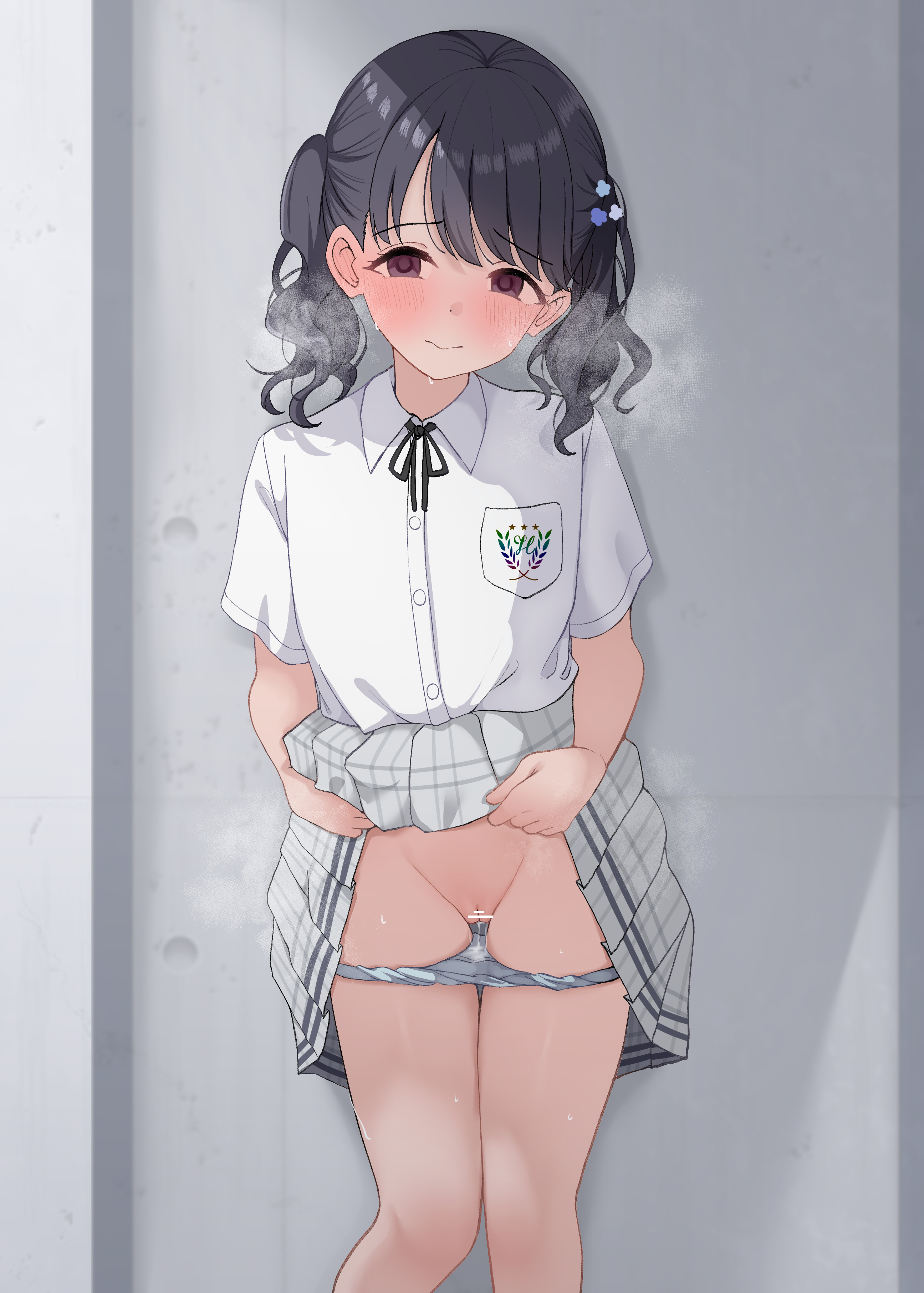 mithrilrim, fukumaru koito, idolmaster, idolmaster shiny colors, absurdres, commentary request, highres, 1girl, bar censor, black hair, blush, censored, closed mouth, clothes lift, collared shirt, feet out of frame, grey skirt, looking at viewer, panties, panty pull, plaid clothes, plaid skirt, pleated skirt, purple eyes, pussy, pussy juice, school uniform, shirt, skirt, skirt lift, solo, twintails, underwear, white panties, white shirt