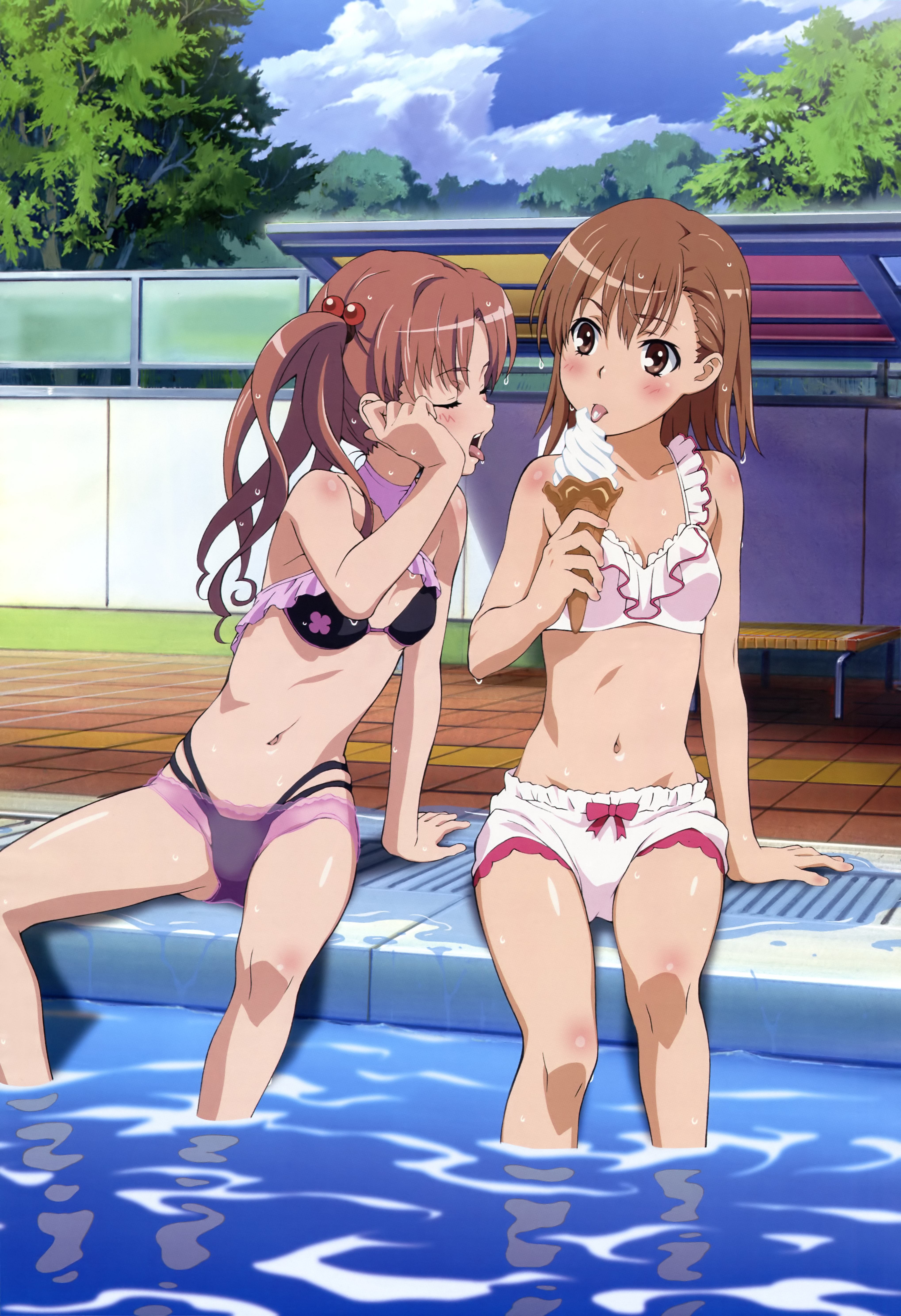 torii takafumi, misaka mikoto, shirai kuroko, nyantype, toaru kagaku no railgun, toaru majutsu no index, absurdres, highres, official art, scan, 00s, 2girls, :p, adjusting hair, bare shoulders, bikini, bikini shorts, blush, bow, brown eyes, brown hair, closed eyes, cloud, day, flat chest, food, hair bobbles, hair ornament, ice cream, ice cream cone, licking, long hair, multiple girls, navel, open mouth, outdoors, pool, poolside, see-through clothes, sexually suggestive, short hair, shorts, sitting, sky, soaking feet, soft serve, swimsuit, tongue, tongue out, tree, tucking hair, twintails, wading, water, wet, wet hair