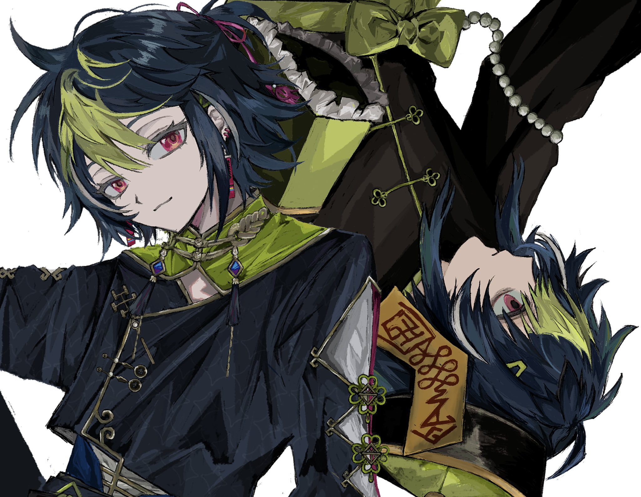 94z4woxtl, inami rai, nijisanji, hashtag-only commentary, highres, 2boys, black hair, black jacket, chinese clothes, cropped jacket, dual persona, earrings, expressionless, frilled sleeves, frills, green hair, hat, jacket, jewelry, jiangshi, light smile, looking at viewer, male focus, multicolored hair, multiple boys, ofuda, qingdai guanmao, red eyes, rotational symmetry, short hair, simple background, tassel, tassel earrings, two-tone hair, virtual youtuber, white background
