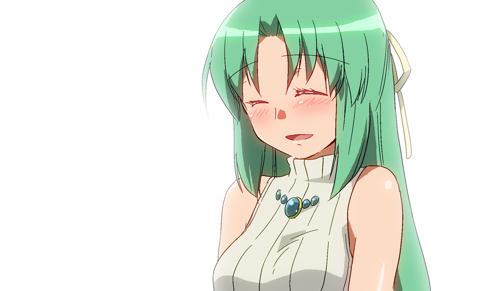 mizuki riko, sonozaki shion, higurashi no naku koro ni, bad id, bad pixiv id, 00s, blush, closed eyes, green hair, ribbon, solo