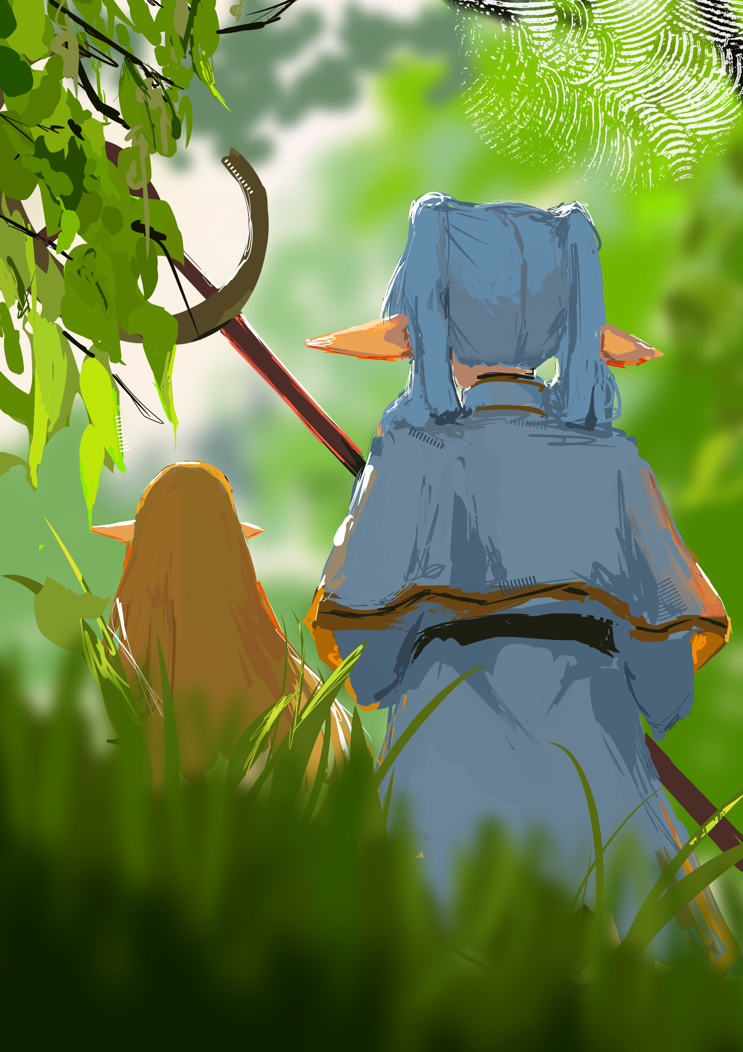 koukouya, frieren, serie (sousou no frieren), sousou no frieren, absurdres, commentary request, highres, 2girls, blonde hair, blurry, blurry background, blurry foreground, elf, grass, grey hair, multiple girls, pointy ears, scenery, silk, spider web, wand