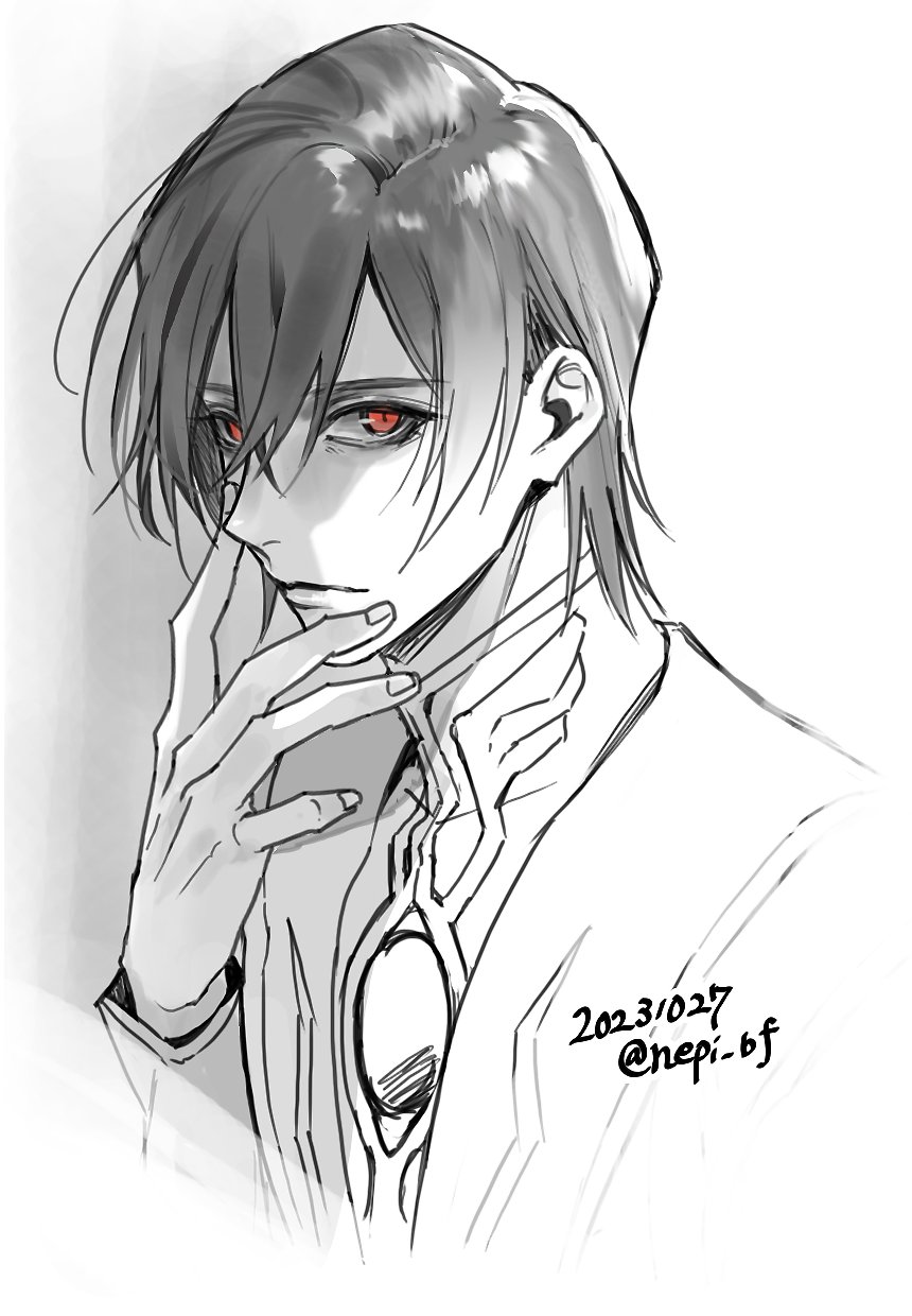 ykmr (haga), lelouch vi britannia, code geass, commentary request, highres, 1boy, closed mouth, dated, greyscale, hair between eyes, hand on own chin, hand on own face, long sleeves, looking at viewer, male focus, monochrome, red eyes, shade, short hair, signature, simple background, solo, spot color, twitter username, upper body, white background