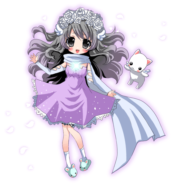 chikkuru, gaia online, animated, animated gif, 1girl, animal slippers, arm warmers, blinking, blush, bunny slippers, female focus, floating, flower, glowing, grey eyes, grey hair, head wings, head wreath, jewelry, long hair, necklace, open mouth, pet, petals, rose, scarf, slippers, socks, solo, white flower, white rose, wings