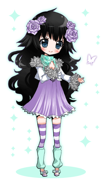 chikkuru, sybella hyobanshi, gaia online, original, animated, animated gif, 1girl, black hair, blinking, blush, bug, butterfly, curly hair, dress, female focus, flower, insect, leg warmers, long hair, patterned legwear, purple dress, purple thighhighs, rose, solo, striped clothes, striped thighhighs, thighhighs