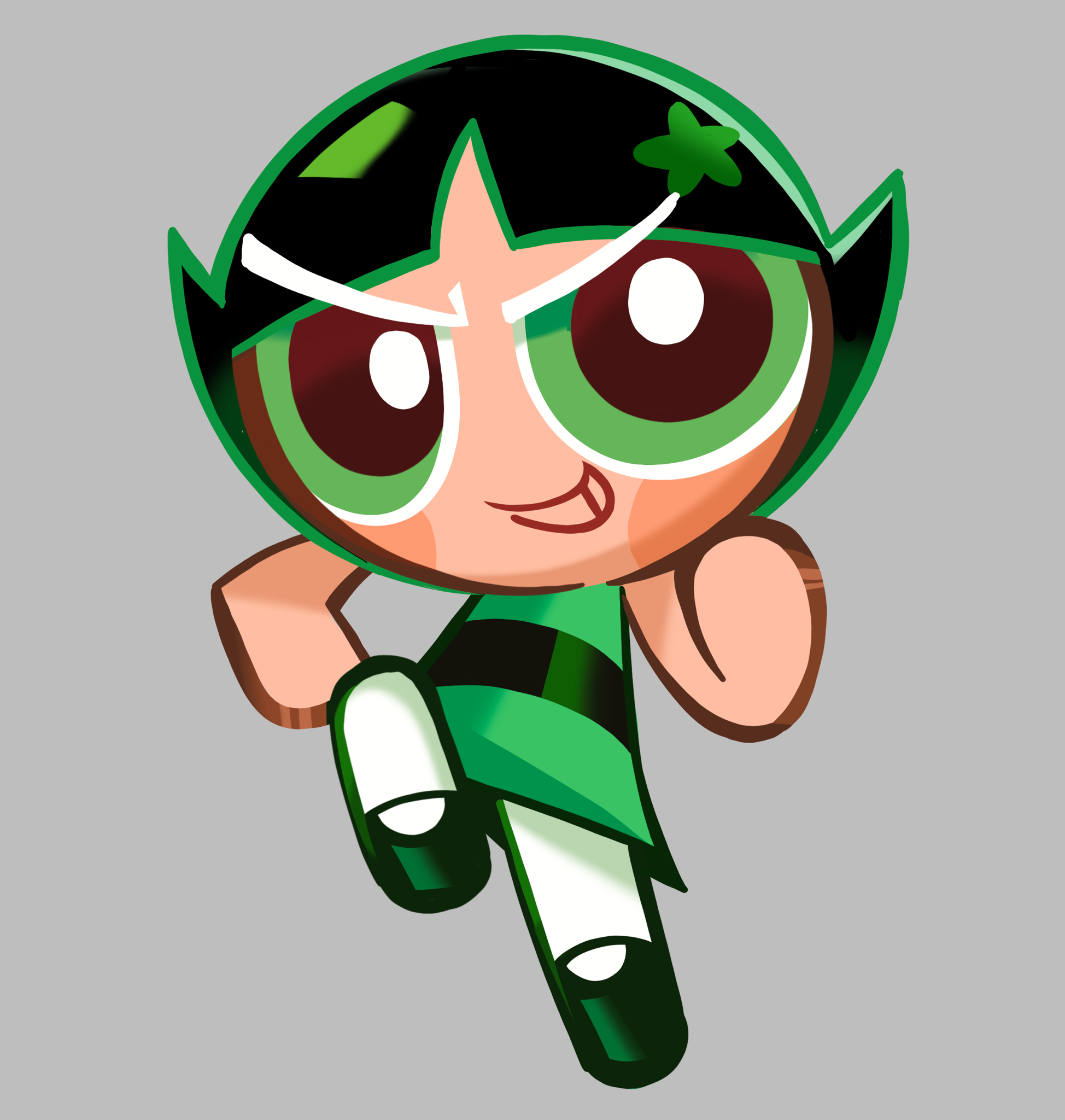 thatlightbluefox, buttercup (ppg), cartoon network, cookie run, cookie run: kingdom, cookie run: ovenbreak, powerpuff girls, commentary, english commentary, highres, 1girl, black hair, black shoes, blunt bangs, dress, dress shoes, green dress, green eyes, grey background, hair ornament, leg up, looking at viewer, pantyhose, parted bangs, shoes, sleeveless, smirk, smug, solo, v-shaped eyebrows, white pantyhose