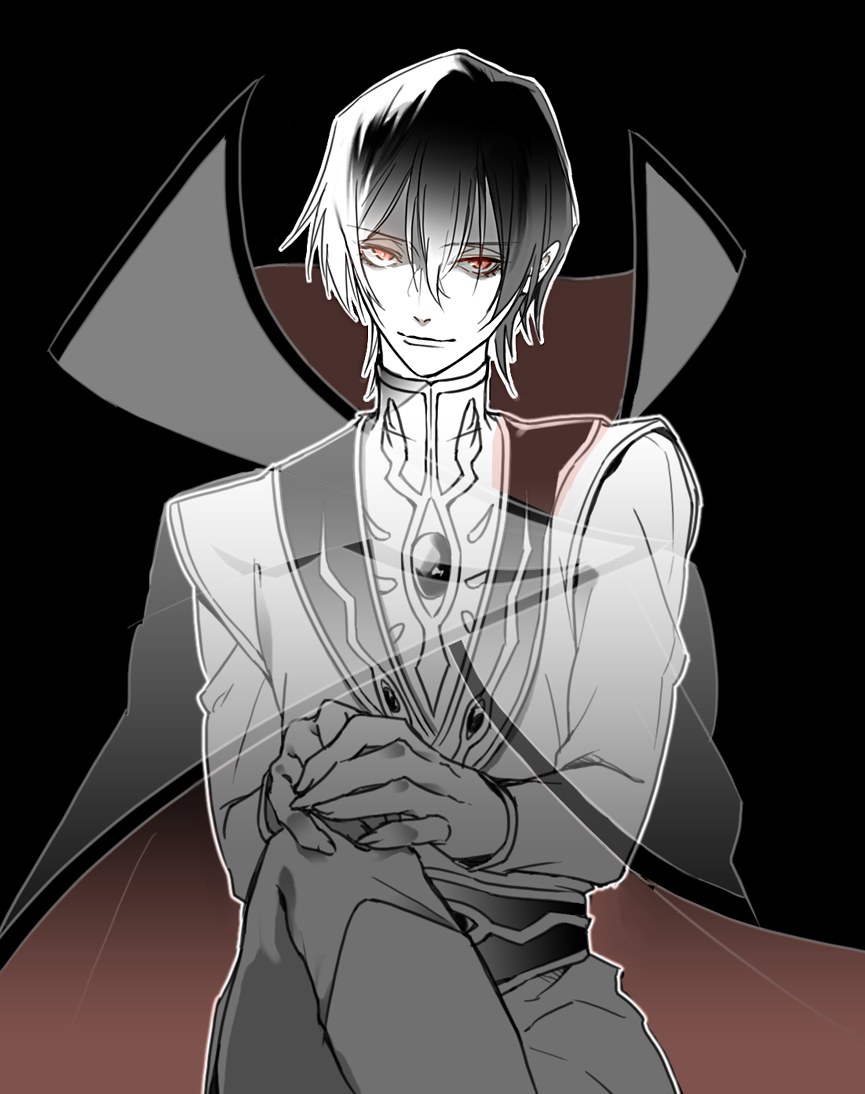 ykmr (haga), lelouch vi britannia, code geass, commentary request, 1boy, black background, black hair, cape, closed mouth, crossed legs, gloves, hair between eyes, hands on own knee, jacket, jewelry, long sleeves, looking at viewer, male focus, monochrome, own hands together, pants, pointy ears, red eyes, see-through cape, shirt, simple background, sitting, smile, solo, spot color, two-sided cape, two-sided fabric