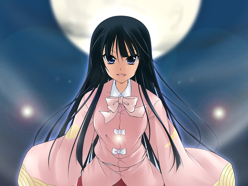 kirisaki byakko, houraisan kaguya, touhou, 1girl, black eyes, black hair, blunt bangs, female focus, full moon, japanese clothes, long hair, moon, night, outdoors, sky, solo, standing