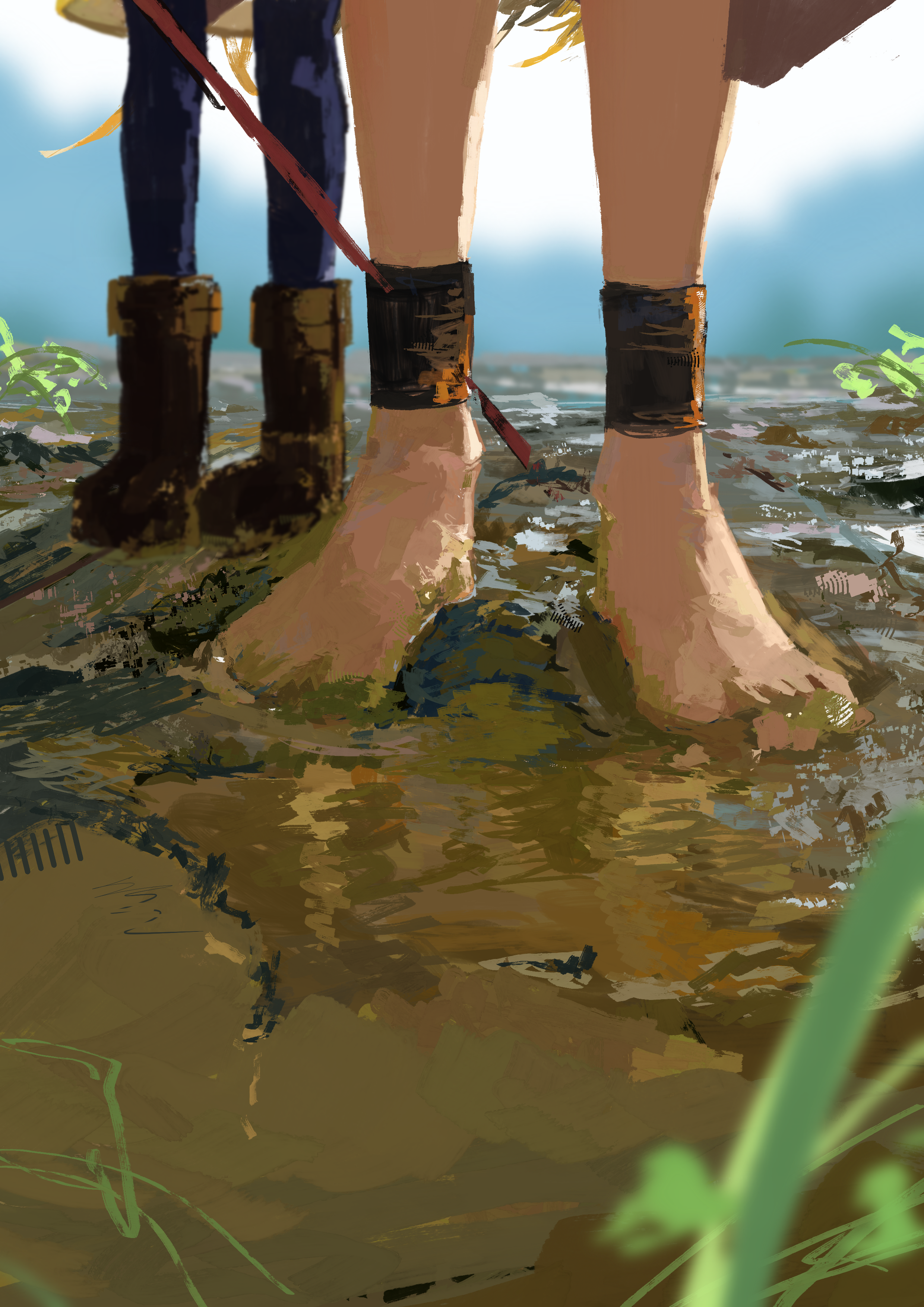 koukouya, frieren, serie (sousou no frieren), sousou no frieren, absurdres, commentary request, highres, barefoot, blonde hair, blurry, blurry foreground, boots, brown boots, brown shoes, grass, shoes, standing, thighhighs, wetland