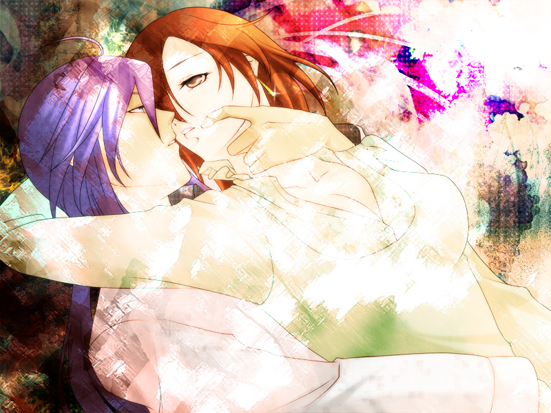 fujishiro kanae, rebelizm, kamui gakupo, meiko (vocaloid), vocaloid, bad id, bad pixiv id, 1boy, 1girl, ahoge, blue eyes, breasts, brown eyes, brown hair, cleavage, couple, hetero, long hair, purple hair, short hair