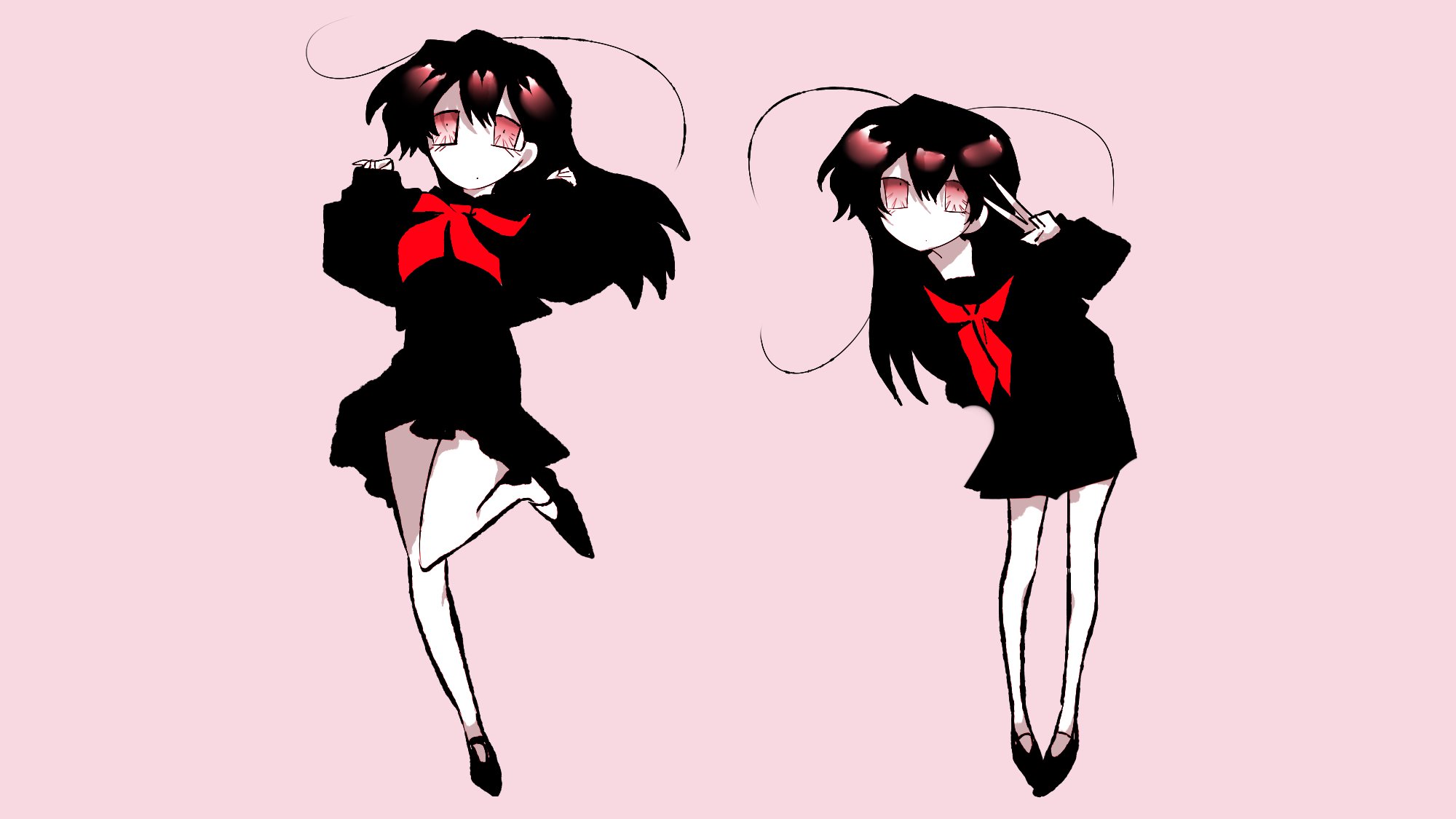 original, commentary request, highres, korean commentary, 1girl, bare legs, black hair, black sailor collar, black serafuku, black shoes, empty eyes, expressionless, hair extensions, long hair, long sleeves, mary janes, necktie, pink background, pink eyes, red necktie, sailor collar, school uniform, serafuku, shoes, standing, standing on one leg, v, yu sihoo