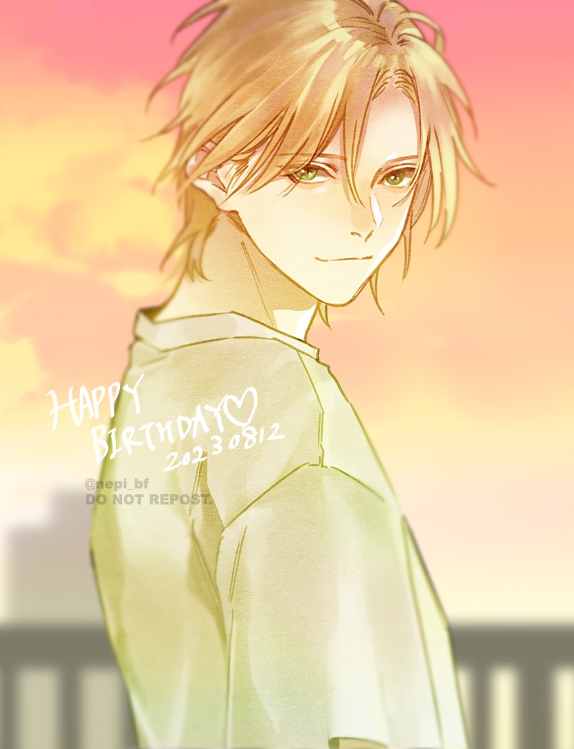 ykmr (haga), ash lynx, banana fish, commentary request, 1boy, blonde hair, blurry, blurry background, closed mouth, cloud, dated, depth of field, green eyes, hair between eyes, happy birthday, heart, looking at viewer, male focus, outdoors, parted bangs, railing, shirt, short hair, short sleeves, sky, smile, solo, sunset, t-shirt, twitter username, upper body, watermark, white shirt