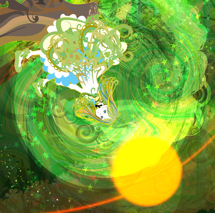 kazaana, original, tagme, abstract, green eyes, green hair, psychedelic, solo