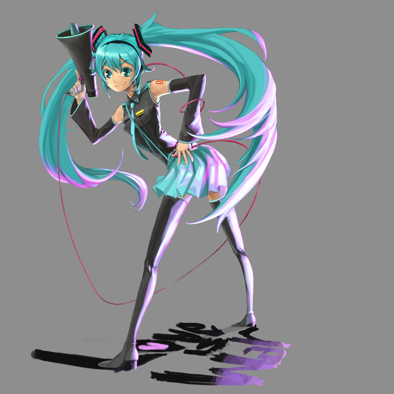 serizawa ninjin, hatsune miku, koi wa sensou (vocaloid), vocaloid, bad id, bad pixiv id, highres, 1girl, aqua eyes, aqua hair, detached sleeves, female focus, full body, legs, long hair, megaphone, necktie, simple background, skirt, smile, solo, thighhighs, twintails, very long hair, zettai ryouiki
