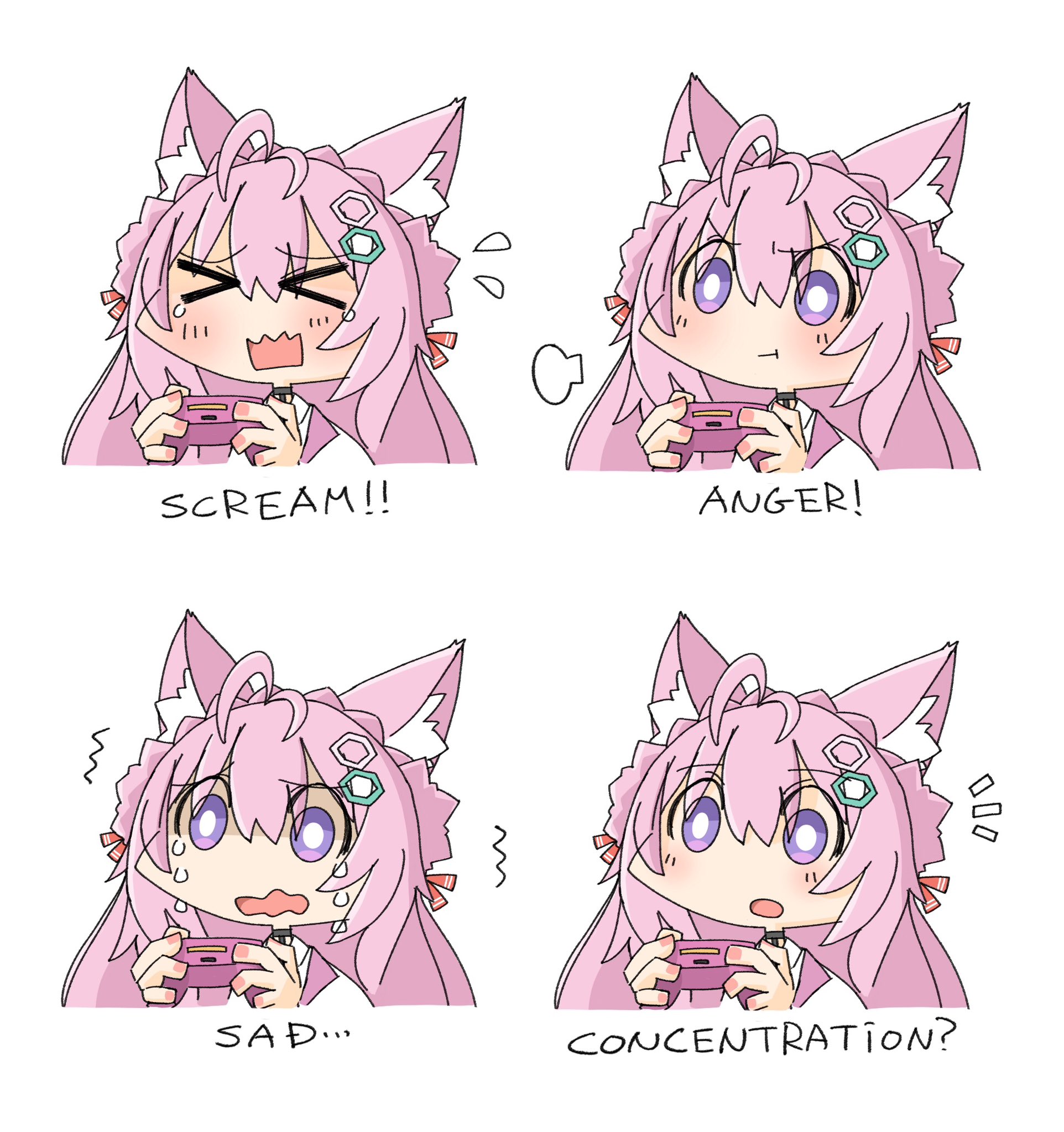 and takashi, hakui koyori, hakui koyori (1st costume), hololive, commentary request, highres, > <, 1girl, angry, animal ear fluff, animal ears, antenna hair, braid, chibi, chibi only, closed mouth, controller, crown braid, crying, english text, expression chart, flying sweatdrops, hairband, hexagon hair ornament, holding, holding controller, multiple expressions, multiple views, notice lines, open mouth, pink hair, pout, puff of air, purple eyes, sad, simple background, tears, virtual youtuber, wavy mouth, white background, wolf ears