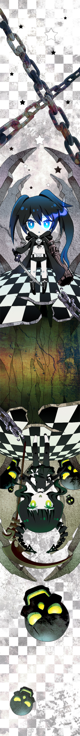 cocoon (loveririn), black rock shooter (character), dead master, black rock shooter, bad id, bad pixiv id, highres, long image, tall image, 10s, black hair, blue eyes, chain, chibi, glowing, glowing eyes, green eyes, gun, horns, long hair, midriff, scar, scythe, shorts, smile, sword, twintails, uneven twintails, weapon