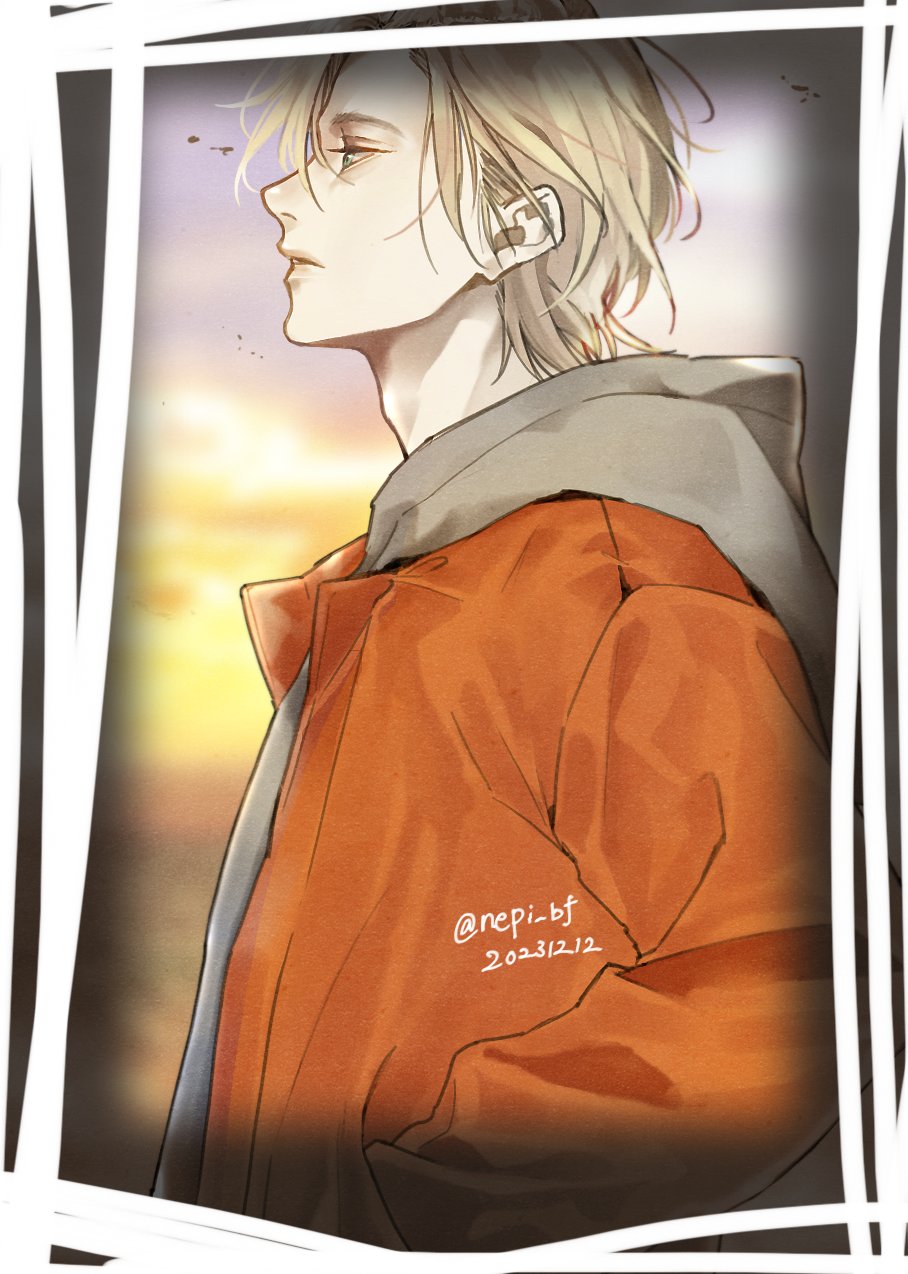 ykmr (haga), ash lynx, banana fish, commentary request, highres, 1boy, blonde hair, blurry, blurry background, dated, from side, green eyes, grey hoodie, hands in pockets, hood, hood down, hooded jacket, hoodie, jacket, long sleeves, looking to the side, male focus, open clothes, open jacket, orange jacket, parted lips, photo (object), profile, shirt, short hair, solo, twitter username, upper body