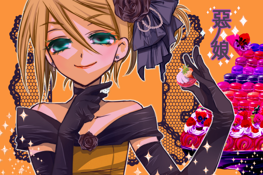 ichimatsu shiro, kagamine rin, aku no musume (vocaloid), evillious nendaiki, vocaloid, bad id, bad pixiv id, 1girl, aqua eyes, blonde hair, dress, earrings, elbow gloves, female focus, food, fruit, gloves, hair between eyes, hair ribbon, jewelry, portrait, ribbon, short hair, smile, solo, strawberry, yellow dress