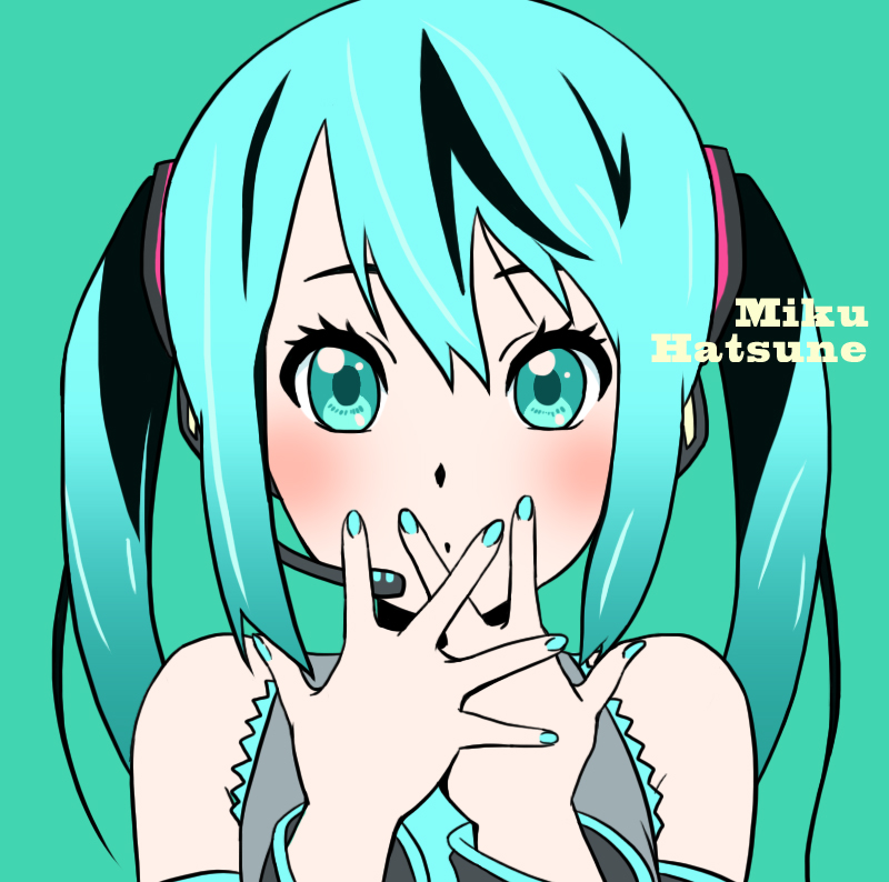 showko, hatsune miku, k-on!, vocaloid, 00s, 1girl, aqua eyes, aqua hair, blush, female focus, headphones, headset, long hair, simple background, solo, twintails