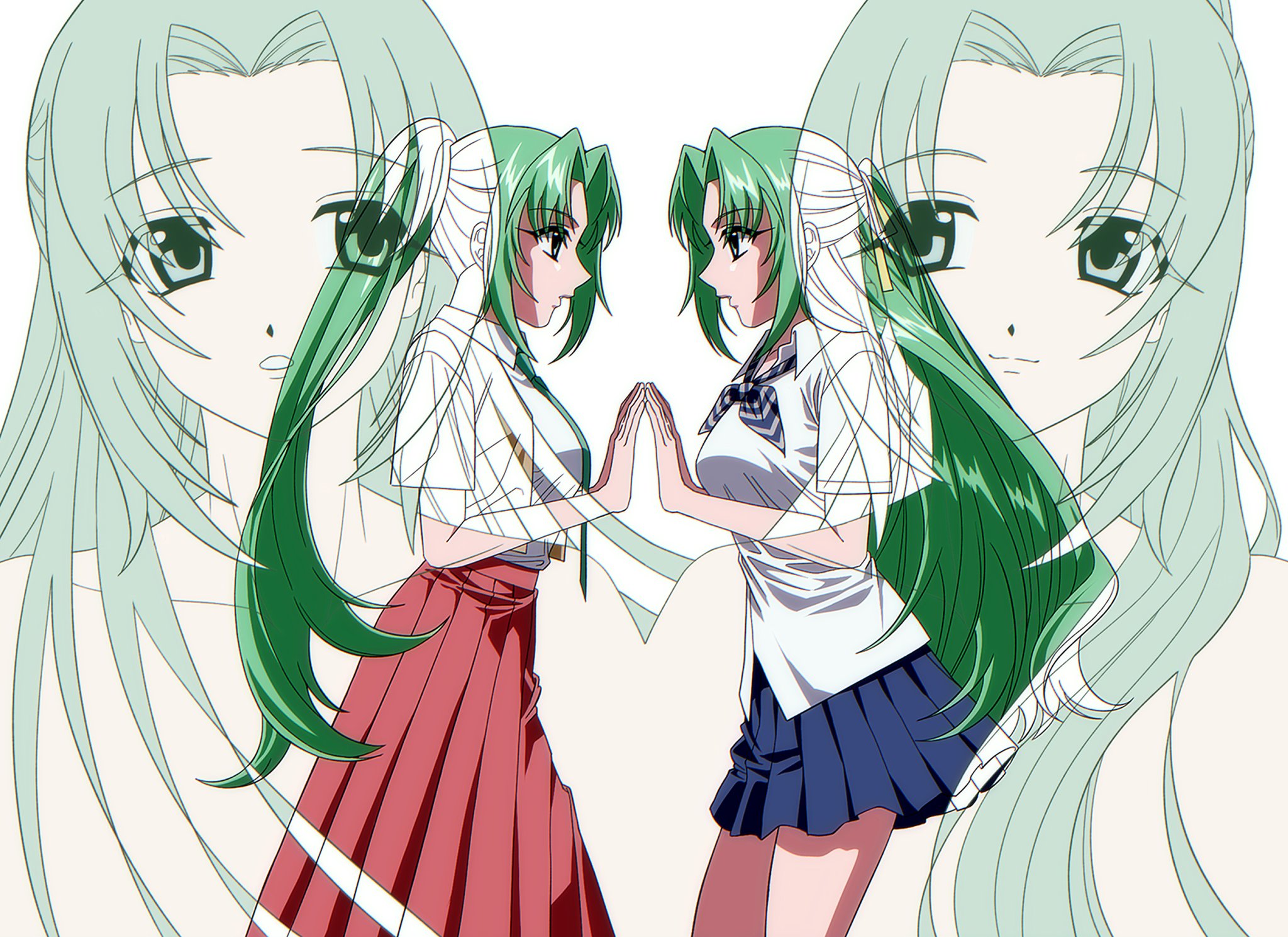 rain bw d, sonozaki mion, sonozaki shion, higurashi no naku koro ni, highres, 2000s (style), 2girls, anime coloring, blue bow, blue bowtie, blue skirt, bow, bowtie, closed mouth, collared shirt, curtained hair, faux retro artstyle, floating clothes, from side, green eyes, green hair, green necktie, hair ribbon, half updo, hand on another's hand, long hair, long skirt, looking at another, looking to the side, middle part, miniskirt, multiple girls, necktie, open mouth, overlapped images, parted lips, pleated skirt, ponytail, projected inset, red skirt, ribbon, school uniform, shirt, shirt tucked in, short sleeves, siblings, sidelocks, sisters, skirt, smile, striped bow, striped bowtie, striped clothes, twins, untucked shirt, very long hair, white background, white shirt, wing collar, yellow ribbon
