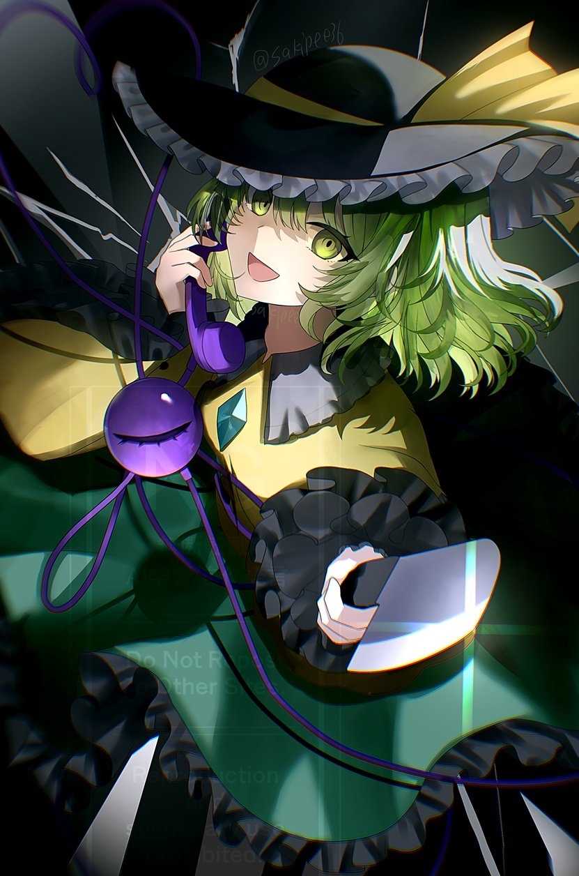 sakizaki saki-p, komeiji koishi, touhou, highres, 1girl, black hat, bow, buttons, diamond button, eyeball, frilled hat, frilled shirt collar, frilled skirt, frilled sleeves, frills, green eyes, green hair, green skirt, hat, hat bow, hat ribbon, holding, holding knife, holding phone, knife, phone, ribbon, shirt, skirt, smile, third eye, wide sleeves, yellow bow, yellow ribbon, yellow shirt