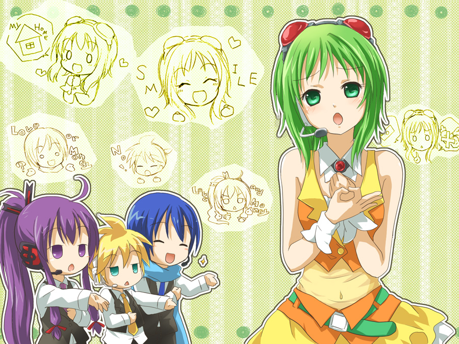 hidacafe, izumi yuu (mee), gumi, kagamine len, kaito (vocaloid), kamui gakupo, vocaloid, 1girl, 3boys, ahoge, aqua eyes, blonde hair, blue hair, chibi, goggles, goggles on head, green eyes, green hair, multiple boys, multiple girls, open mouth, purple eyes, purple hair, red-tinted eyewear, short hair, skirt, smile, tinted eyewear, wrist cuffs