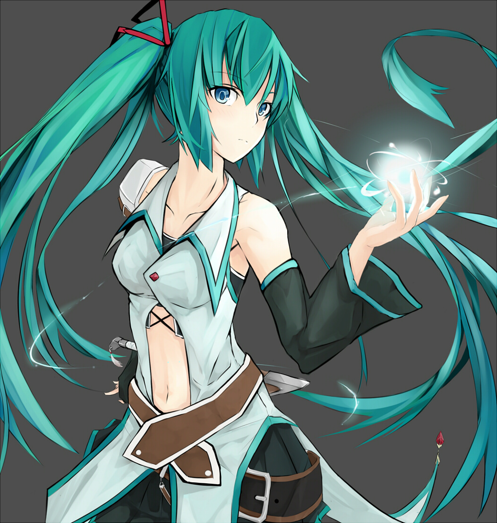takanashie, hatsune miku, vocaloid, 1girl, aqua hair, belt, blue eyes, detached sleeves, female focus, long hair, navel, simple background, solo, twintails, very long hair