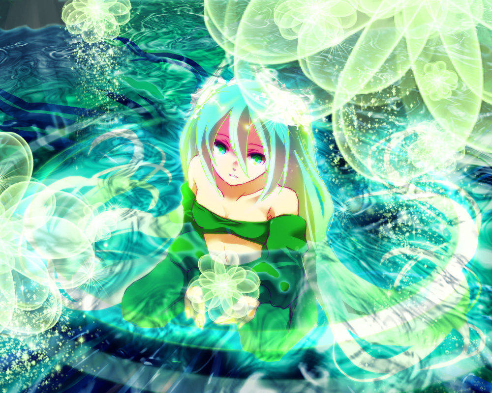unibouzu, uya, hatsune miku, vocaloid, bad id, bad pixiv id, 1girl, aqua eyes, aqua hair, female focus, flower, long hair, solo, twintails, very long hair, water