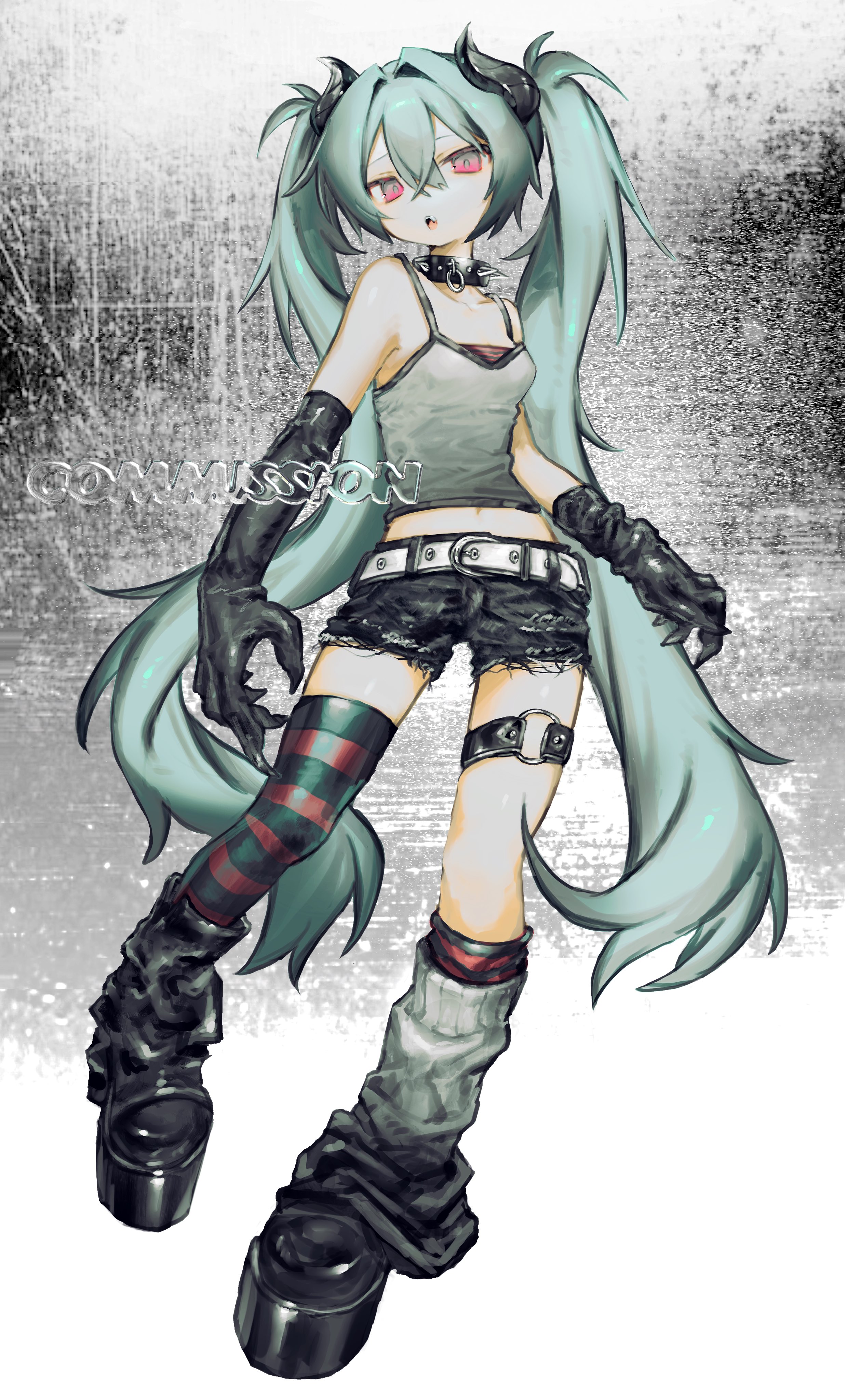 nia (x x02), original, absurdres, commentary, commission, highres, skeb commission, 1girl, asymmetrical legwear, belt, belt buckle, black boots, black collar, black gloves, black shorts, black socks, black thighhighs, blue hair, boots, breasts, buckle, collar, double-parted bangs, fingernail gloves, full body, gloves, grey tank top, hair between eyes, horns, long hair, looking at viewer, midriff, o-ring, o-ring thigh strap, open mouth, platform boots, red eyes, short shorts, shorts, small breasts, socks, solo, spiked collar, spikes, striped clothes, striped thighhighs, tank top, thigh strap, thighhighs, uneven legwear, very long hair, white belt