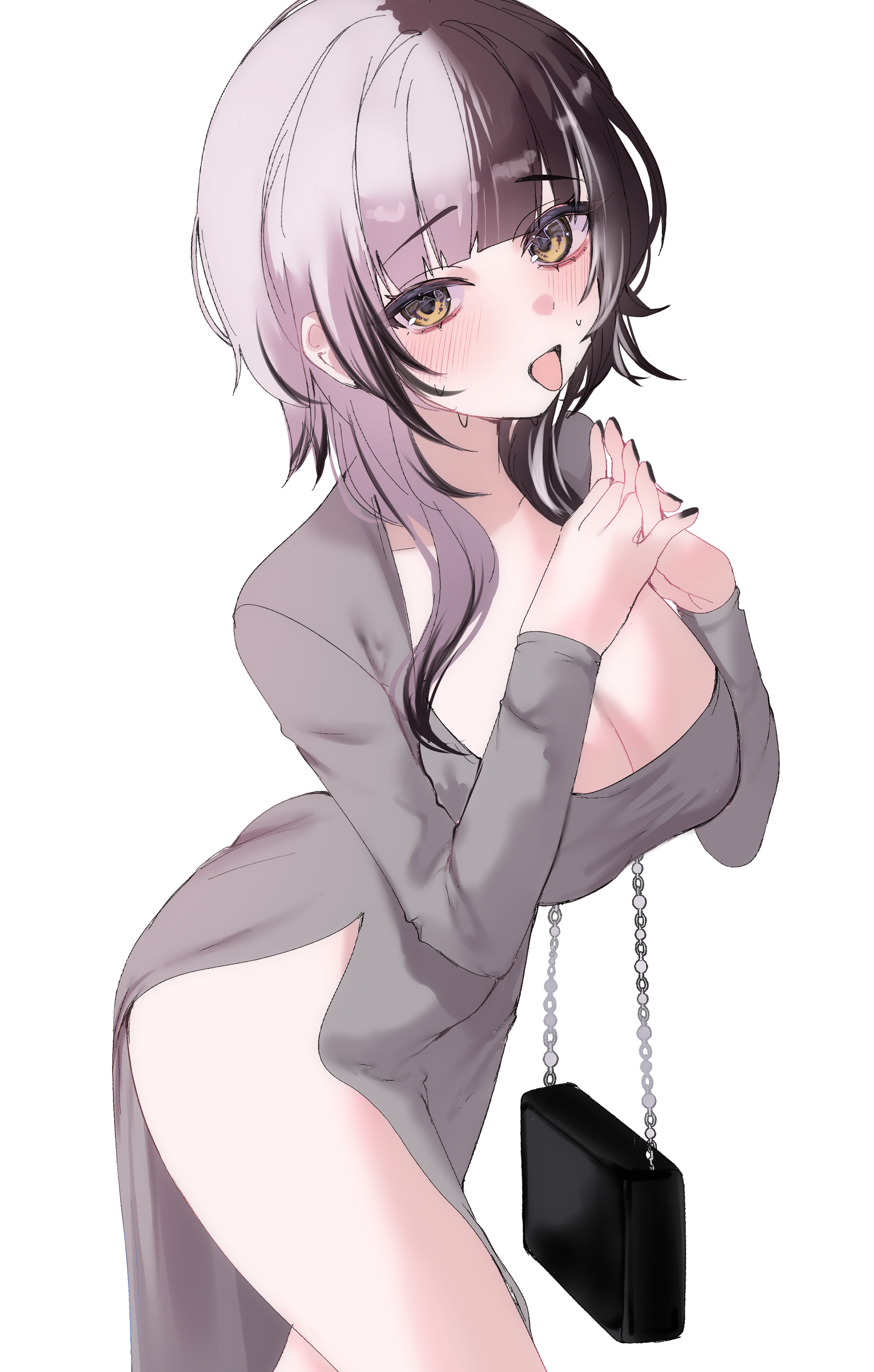 acedia, shiori novella, hololive, hololive english, absurdres, commentary, english commentary, highres, 1girl, bag, bare legs, black bag, black hair, black nails, black streaks, blunt bangs, blush, breasts, cleavage, dress, grey dress, grey hair, grey streaks, interlocked fingers, long sleeves, looking at viewer, multicolored hair, open mouth, own hands together, short hair with long locks, shoulder bag, side slit, sidelocks, solo, split-color hair, sweat, thighs, tongue, tongue out, two-tone hair, virtual youtuber, white background, yellow eyes