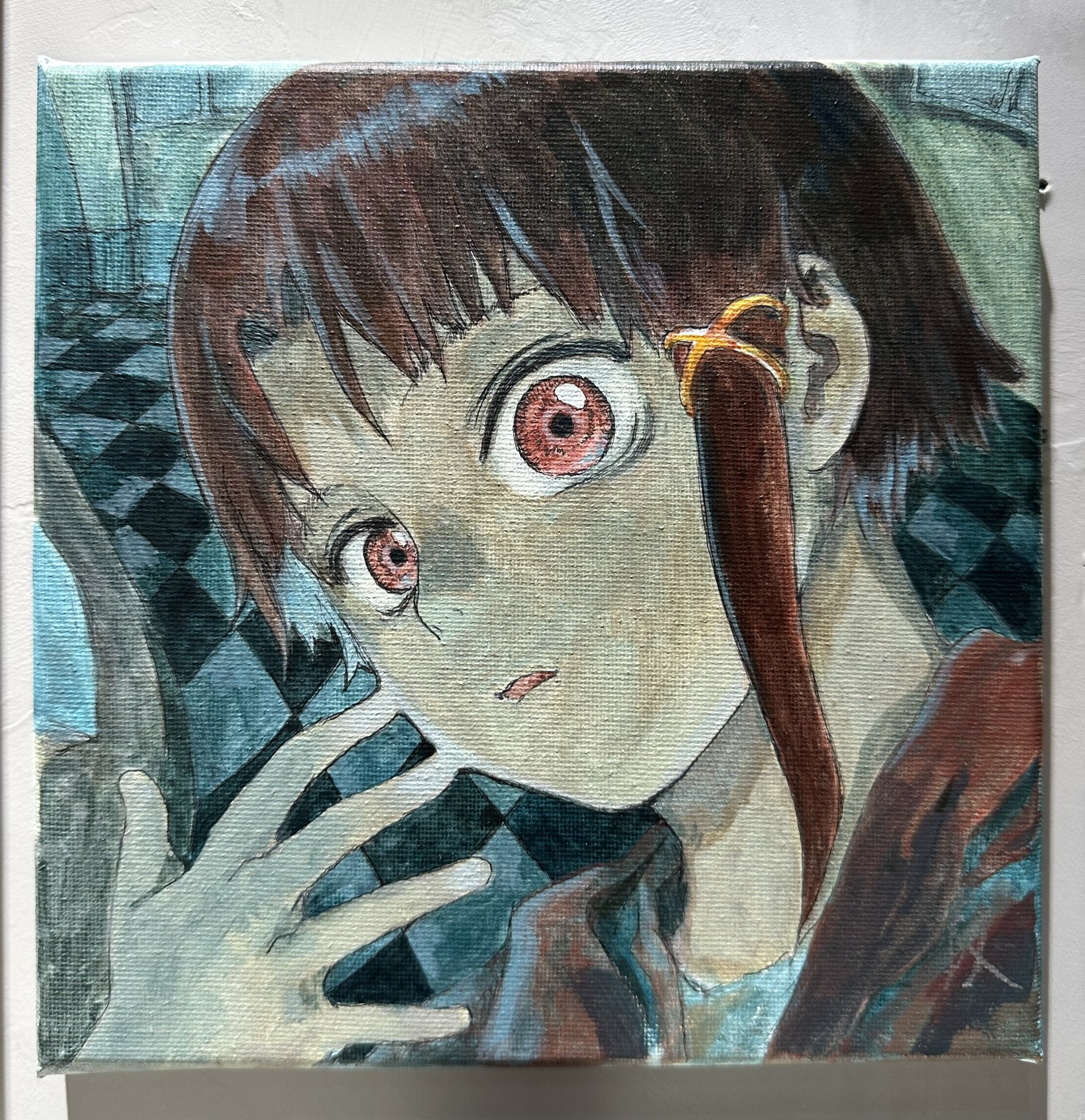 abe yoshitoshi, iwakura lain, serial experiments lain, commentary request, highres, painting (medium), traditional media, watercolor (medium), 1girl, brown hair, parted lips, red eyes, short hair, solo, upper body, wide-eyed