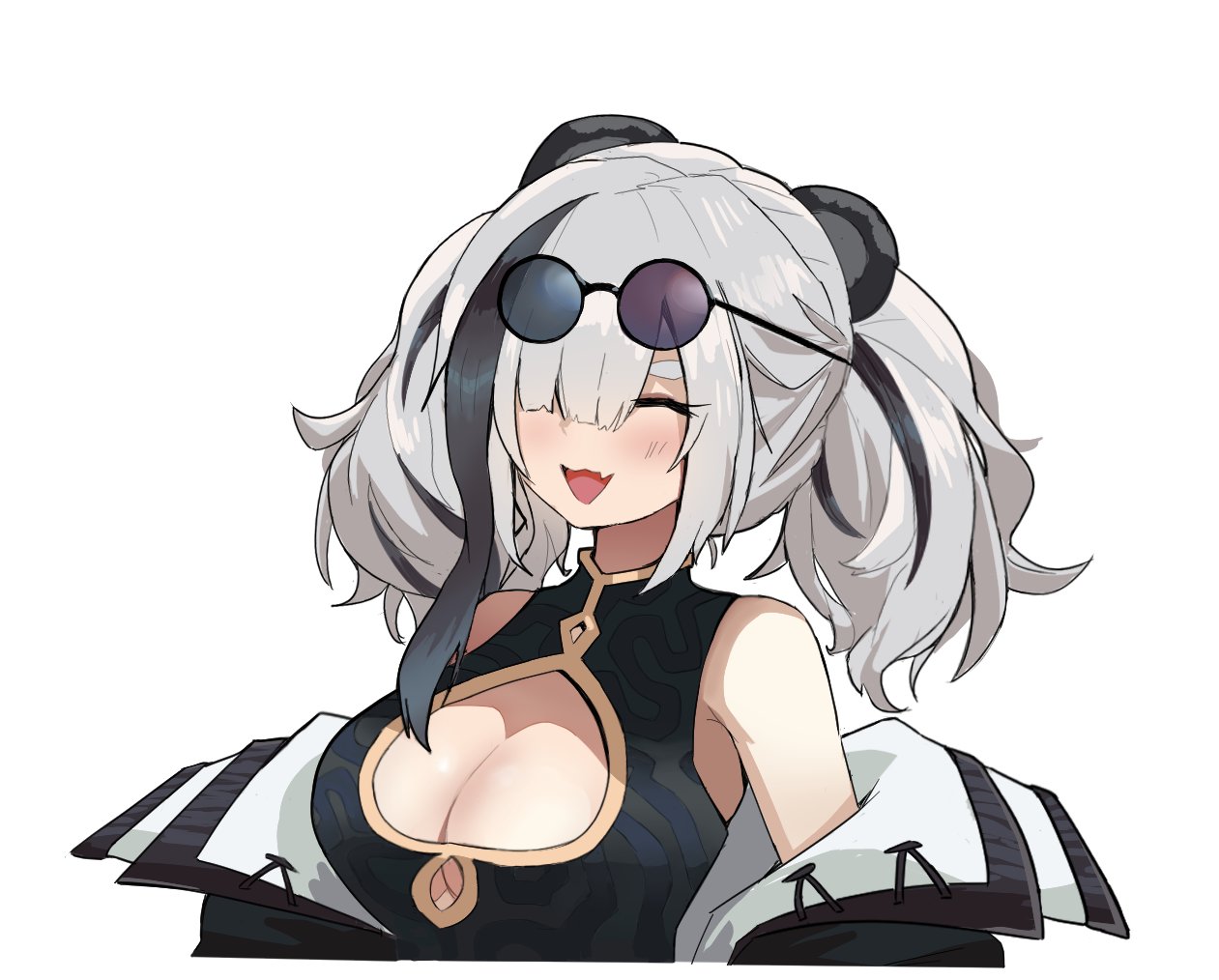 vathanyan, feater (arknights), arknights, commentary, 1girl, animal ears, breasts, china dress, chinese clothes, cleavage, cleavage cutout, clothing cutout, dress, eyewear on head, facing viewer, fang, grey hair, hair over one eye, large breasts, long hair, multicolored hair, open mouth, panda ears, panda girl, simple background, skin fang, smile, solo, streaked hair, sunglasses, twintails, upper body, white background