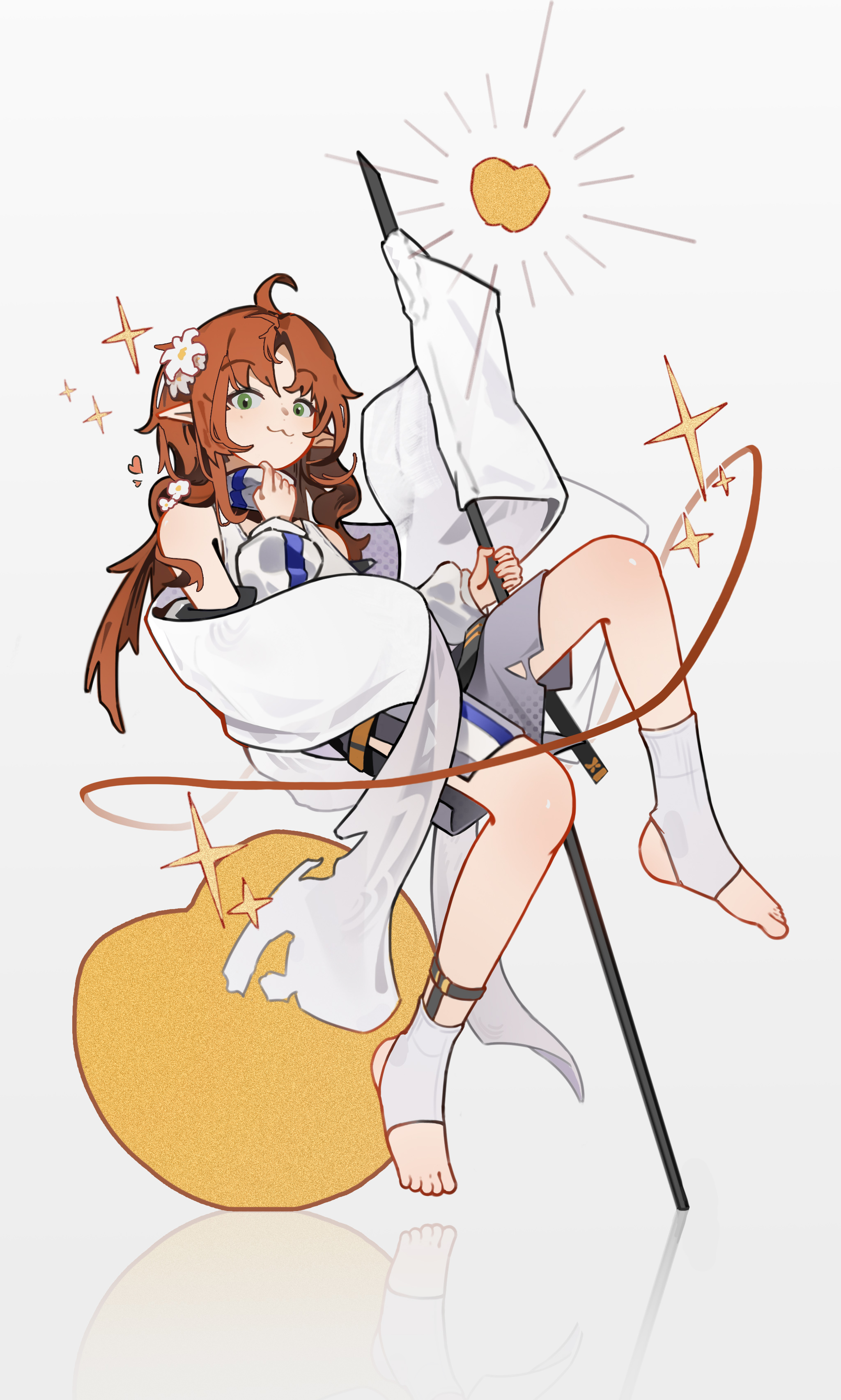 northernw, myrtle (arknights), arknights, absurdres, commentary, highres, 1girl, :3, ahoge, apple, flag, floating, flower, food, fruit, golden apple, green eyes, hair flower, hair ornament, holding, holding flag, long hair, looking at viewer, pointy ears, red hair, reflection, shorts, simple background, smile, socks, solo, sparkle, stirrup footwear, tank top, white background, white flag, white flower, white shorts, white sleeves, white socks, white tank top