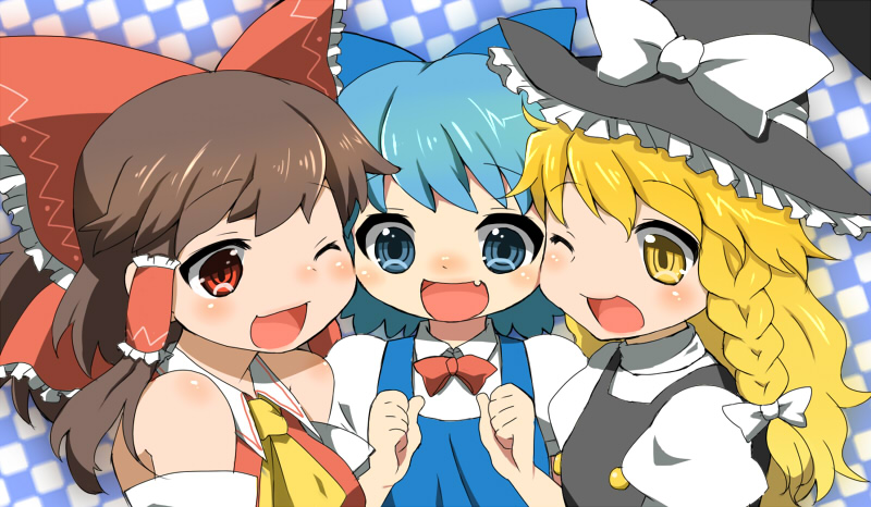 sasoribi-dekine, cirno, hakurei reimu, kirisame marisa, embodiment of scarlet devil, touhou, blonde hair, blue eyes, blue hair, bow, braid, brown hair, detached sleeves, hair bow, hat, japanese clothes, miko, red eyes, short hair, witch, witch hat, yellow eyes