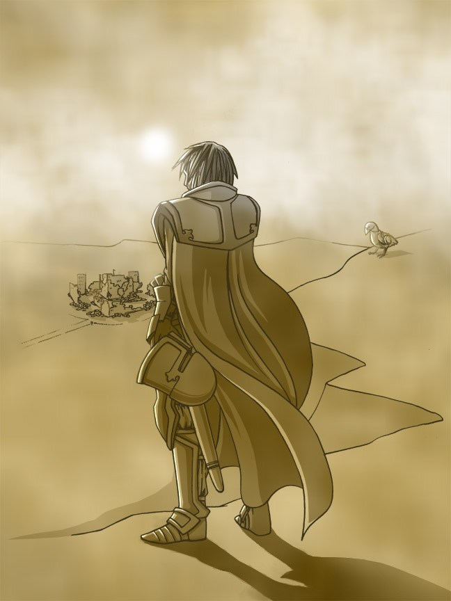 hinata-nya (artist), crusader (ragnarok online), ragnarok online, 1boy, bird, full body, male focus, monochrome, solo, standing