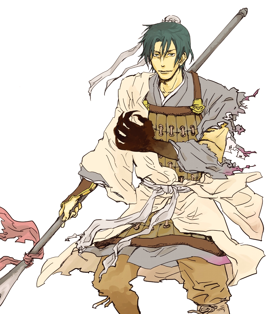 kantai (juuni kokuki), juuni kokuki, md5 mismatch, 1boy, blue hair, chinese clothes, male focus, polearm, solo, weapon