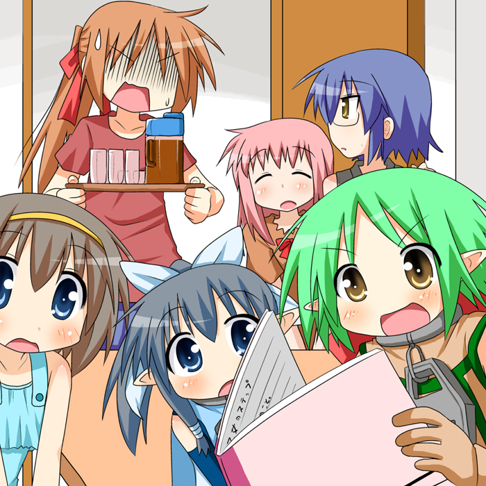 minami (colorful palette), iinchou (trouble spirit), kori (trouble spirit), sawatari miko, sawatari riko, tiko (trouble spirit), yokomiya satsuki, original, trouble spirit, trouble spirit!, >:d, 6+girls, :d, black hair, blue eyes, blue hair, brown hair, glasses, green hair, headband, multiple girls, open mouth, pink hair, pointy ears, smile, v-shaped eyebrows, yellow eyes