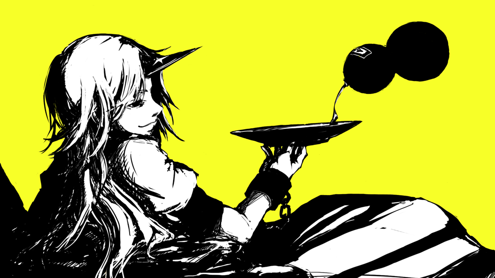duster (artist), hoshiguma yuugi, touhou, 1girl, alcohol, bottle, cuffs, cup, female focus, handcuffs, horns, long hair, lying, monochrome, profile, sakazuki, sake, short sleeves, simple background, single horn, smile, solo, star (symbol), yellow theme