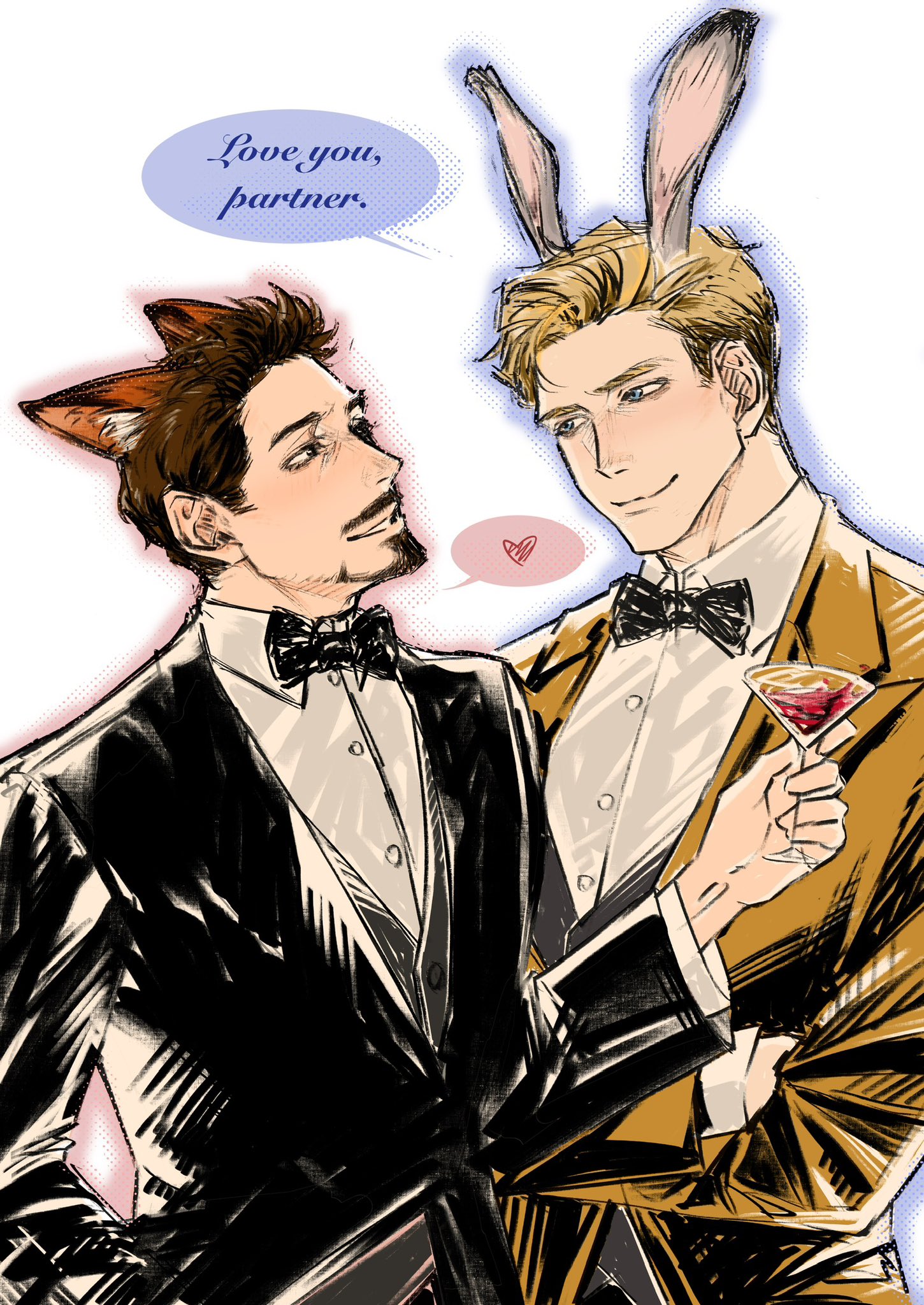 steve rogers, tony stark, avengers (series), marvel, zootopia, commentary, english commentary, highres, 2boys, animal ear fluff, animal ears, black bow, black bowtie, black eyes, black jacket, black vest, blonde hair, blue eyes, bow, bowtie, brown hair, buttons, closed mouth, cocktail glass, collared shirt, crossed arms, crossover, cup, drinking glass, english text, facial hair, formal clothes, fox ears, half-closed eyes, hand up, heart, holding, holding cup, jacket, kemonomimi mode, lanita 1212, lapels, long sleeves, looking at another, male focus, martini, multiple boys, rabbit ears, shadow, shirt, short hair, simple background, smile, speech bubble, spoken heart, suit, suit jacket, teeth, upper body, vest, white background, white shirt, yellow jacket