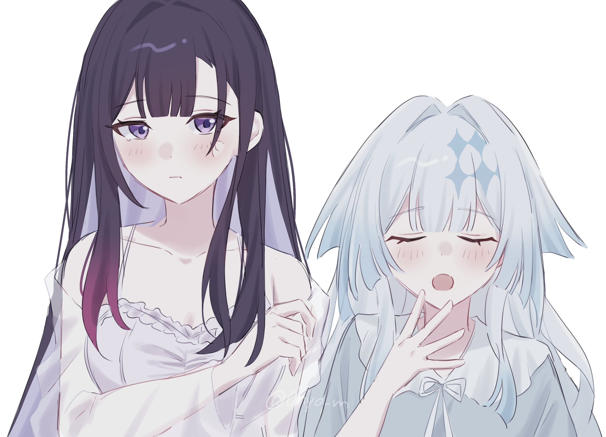niyo (0nyo m), cerydra (honkai: star rail), hysilens (honkai: star rail), honkai: star rail, honkai (series), commentary request, highres, 2girls, alternate costume, bare shoulders, black hair, blue hair, blue nightgown, breasts, cleavage, closed eyes, closed mouth, colored inner hair, hair intakes, hand up, long hair, looking at viewer, multicolored hair, multiple girls, nightgown, open mouth, purple eyes, purple hair, side-by-side, simple background, twitter username, upper body, white background, white nightgown, yawning