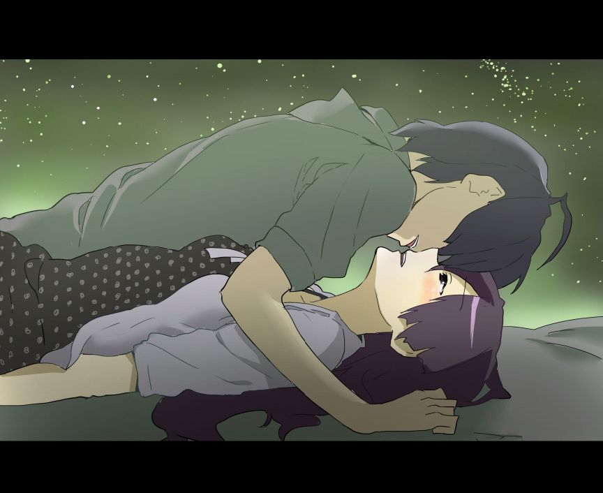 kenshin (pixiv27850), araragi koyomi, senjougahara hitagi, bakemonogatari, monogatari (series), bad id, bad pixiv id, 00s, 1boy, 1girl, couple, hetero, imminent kiss, letterboxed, night, sky, star (sky), starry sky